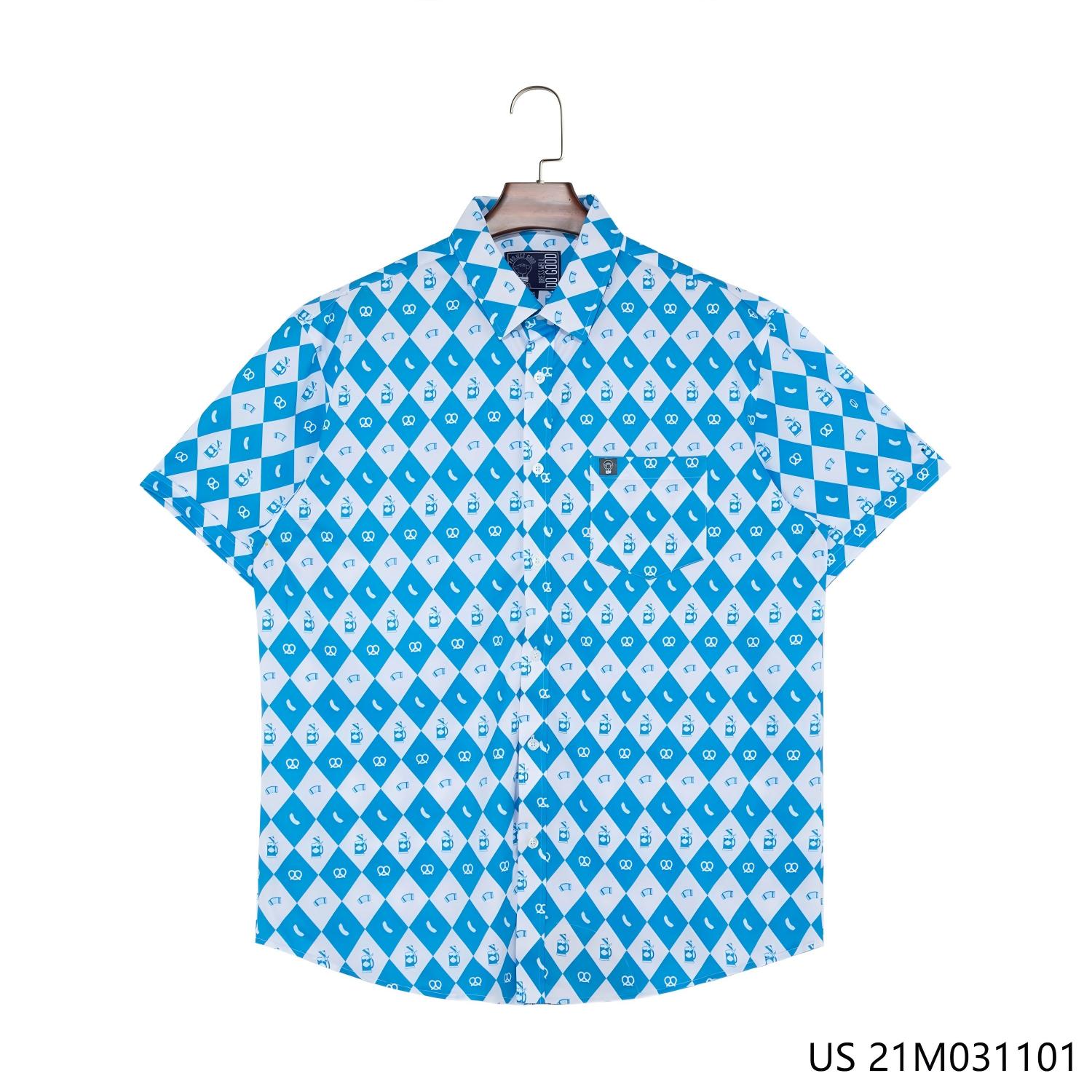 Men's 48% Polyester 37% Recycled 15% Spandex Printing Blue Plaid Short Sleeve Button Down Shirts