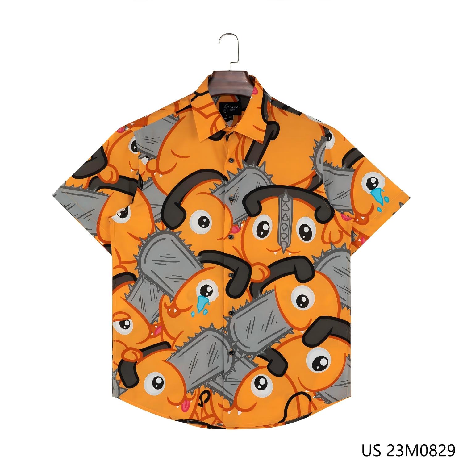 Men's 100% Rayon Orange Printing  Short Sleeve Button Down Shirts  With Turn-down Collar