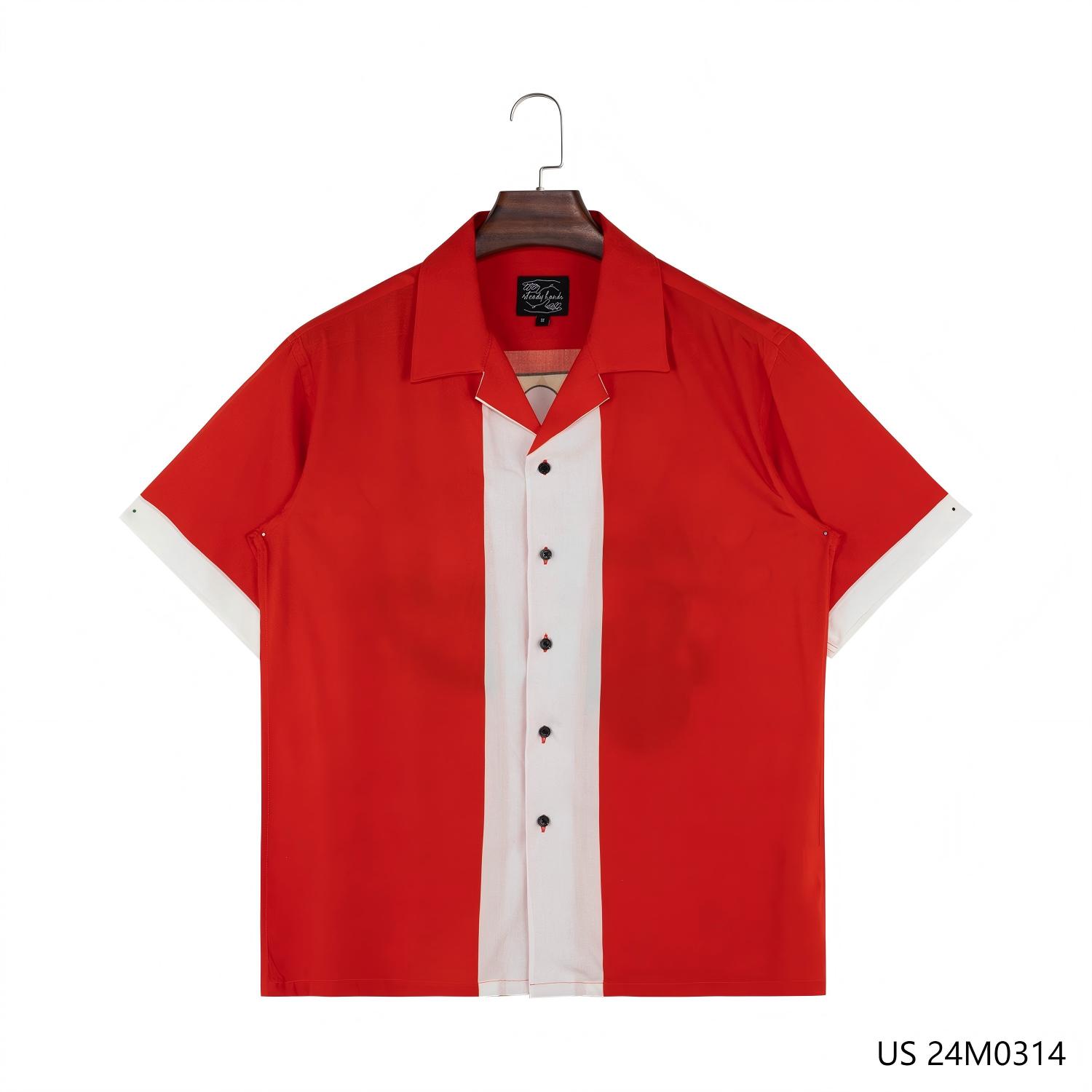 Men's 100% Rayon Red-and-white Printing On The Back Short Sleeve Button Down Shirts  With Turn-down Collar