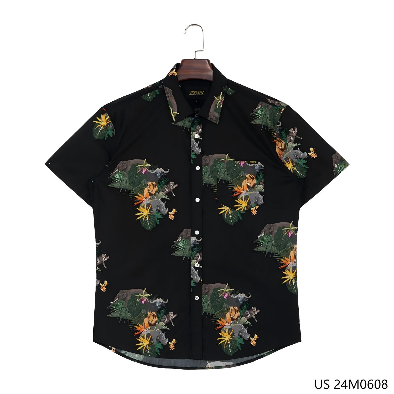 Men's 100% Cotton Printed Short Sleeve Button Down Shirts With Turn-down Collar