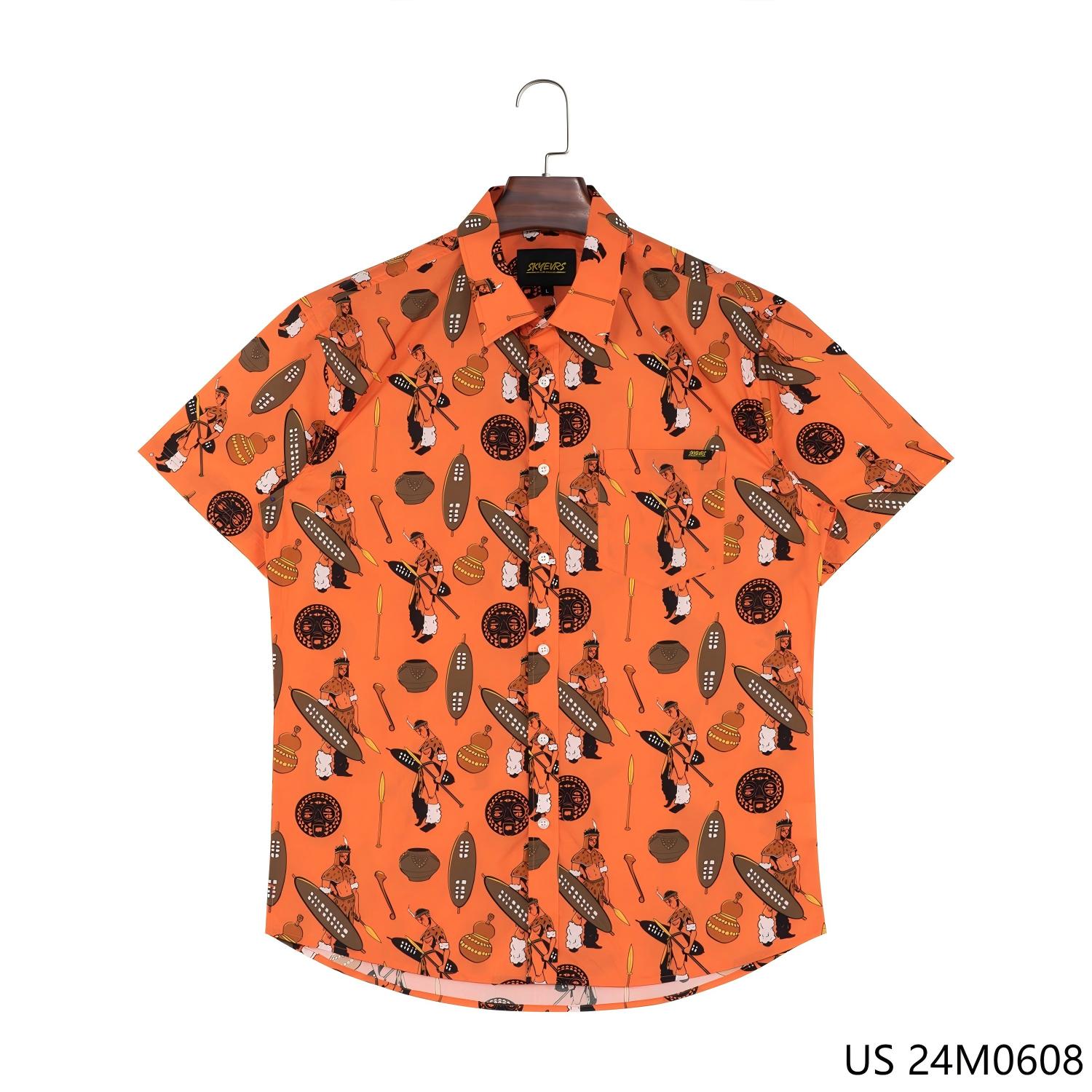 Men's 100% Cotton  Orange Printed Short Sleeve Button Down Shirts With Turn-down Collar