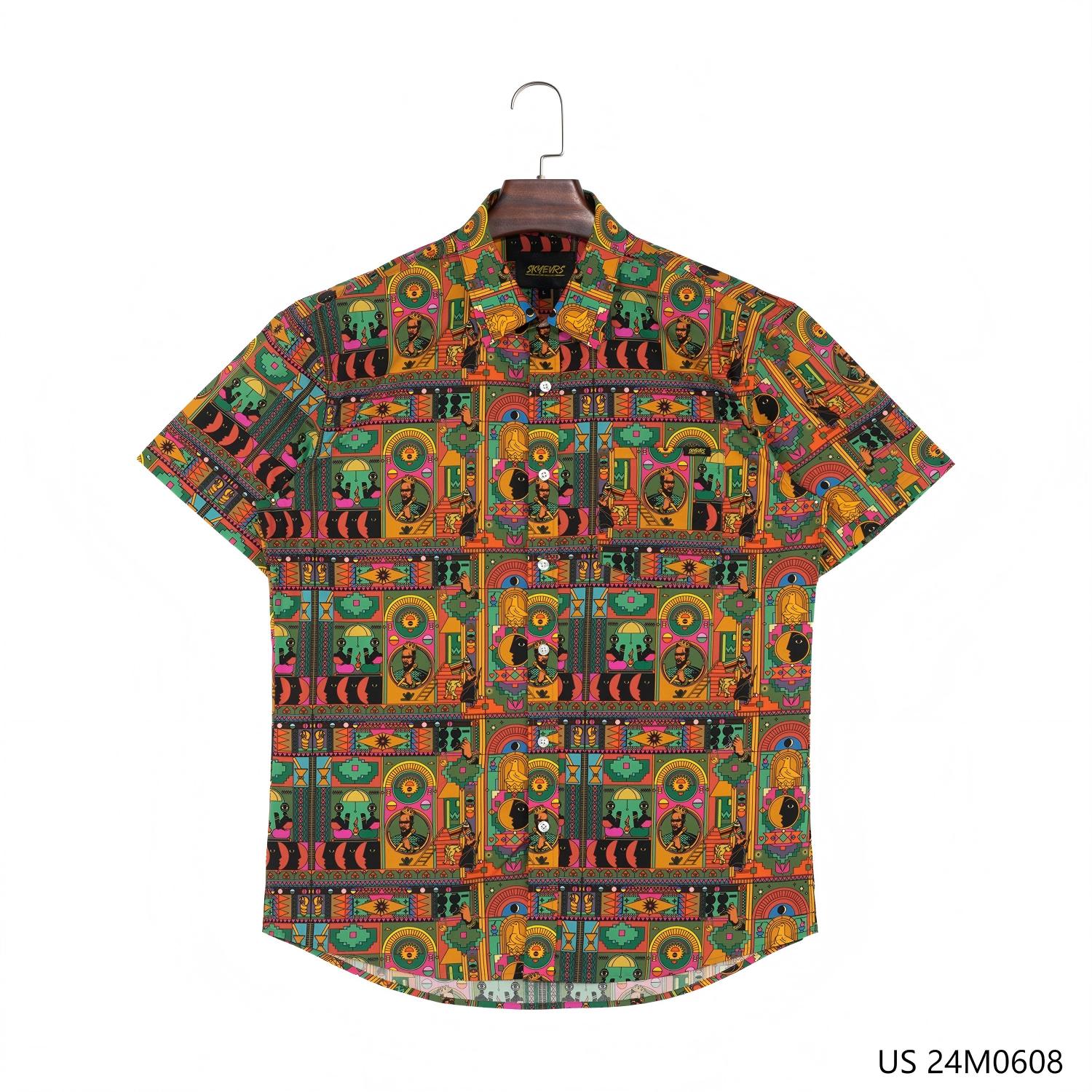Men's 100% Cotton  Printed Short Sleeve Button Down Shirts With Turn-down Collar