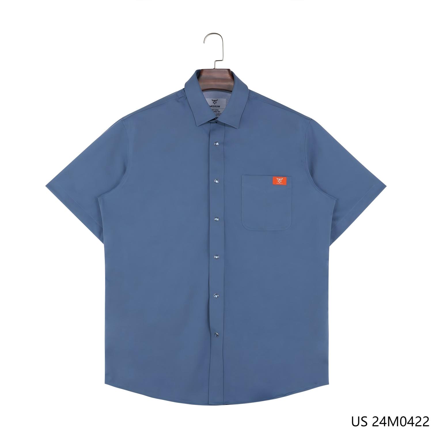 Men's 100%  Cotton  Blue Plain Short Sleeve Button Down Shirts