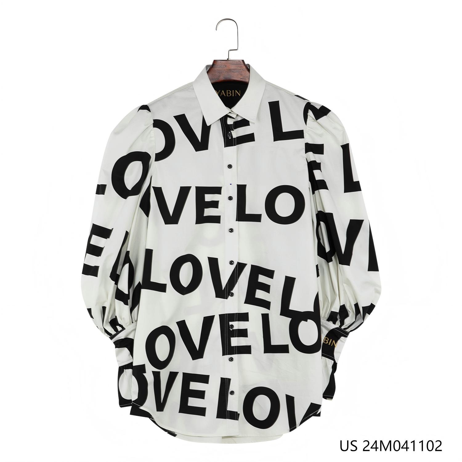 Women's 100% Cotton Black Printed Against The White Background Button Down Long Sleeve Dress Shirt