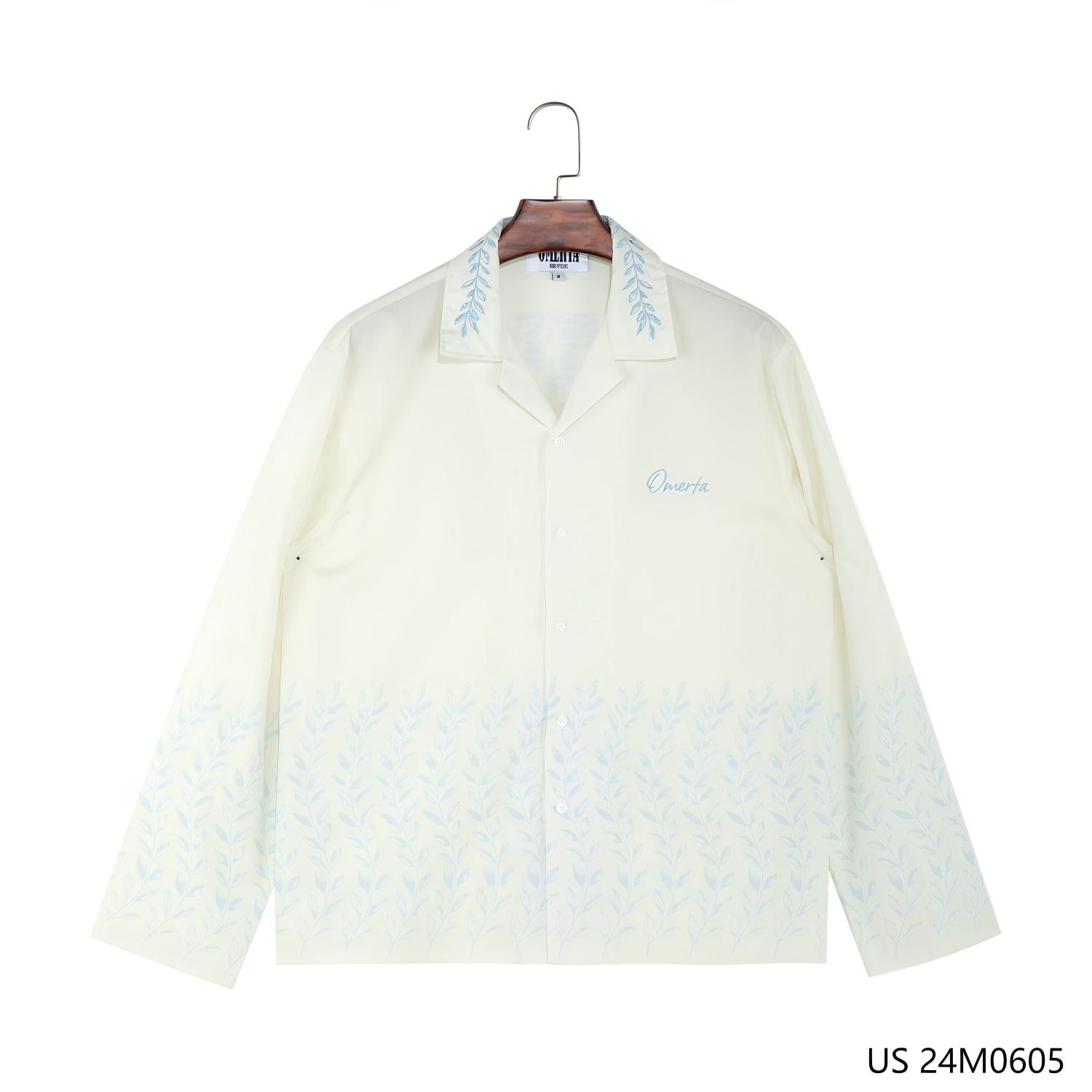 Men's 100% Cotton Light Blue Printed On The Hem And Collar Button Down Long Sleeve Shirts 