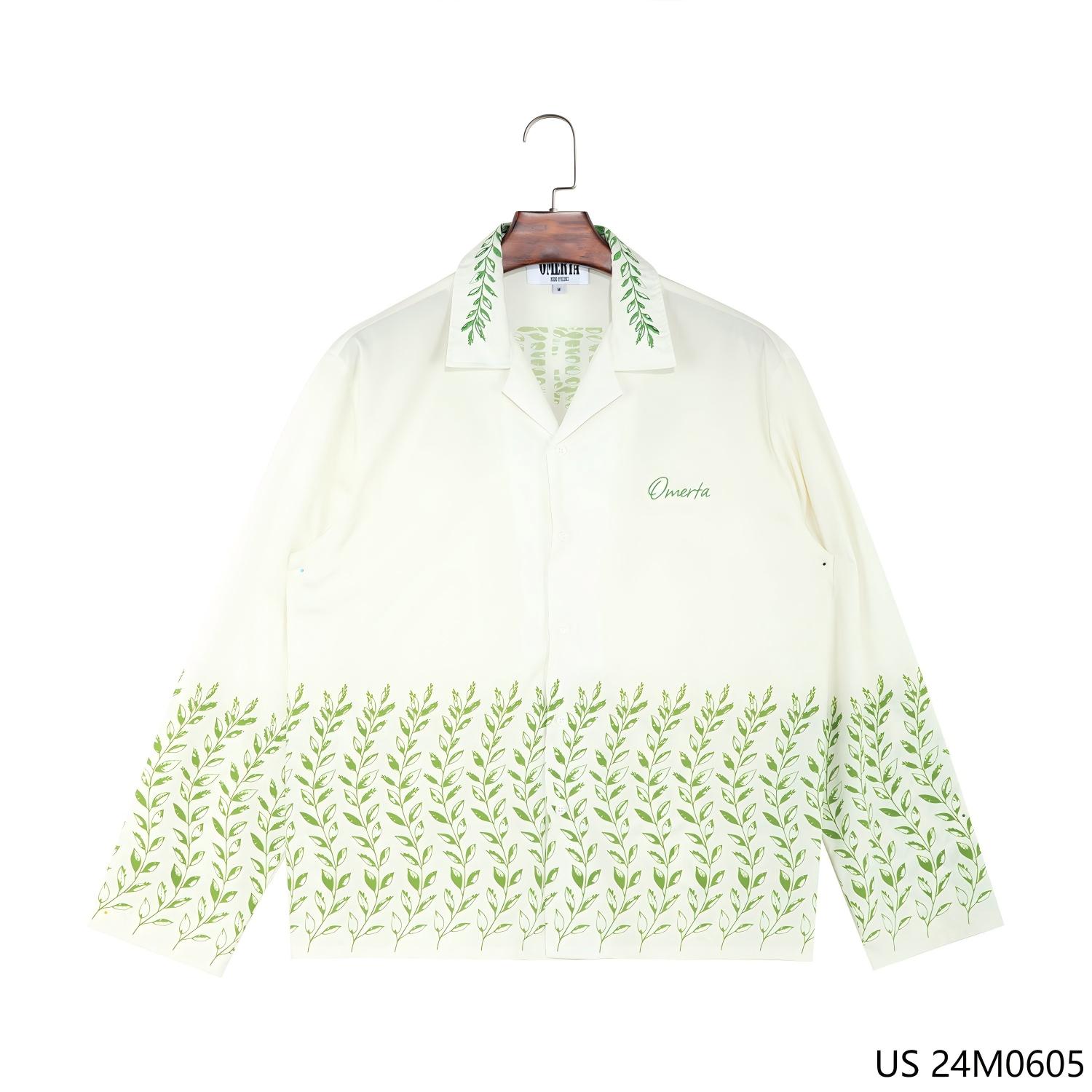 Men's 100% Cotton Green Printed On The Hem And Collar Button Down Long Sleeve Shirts 