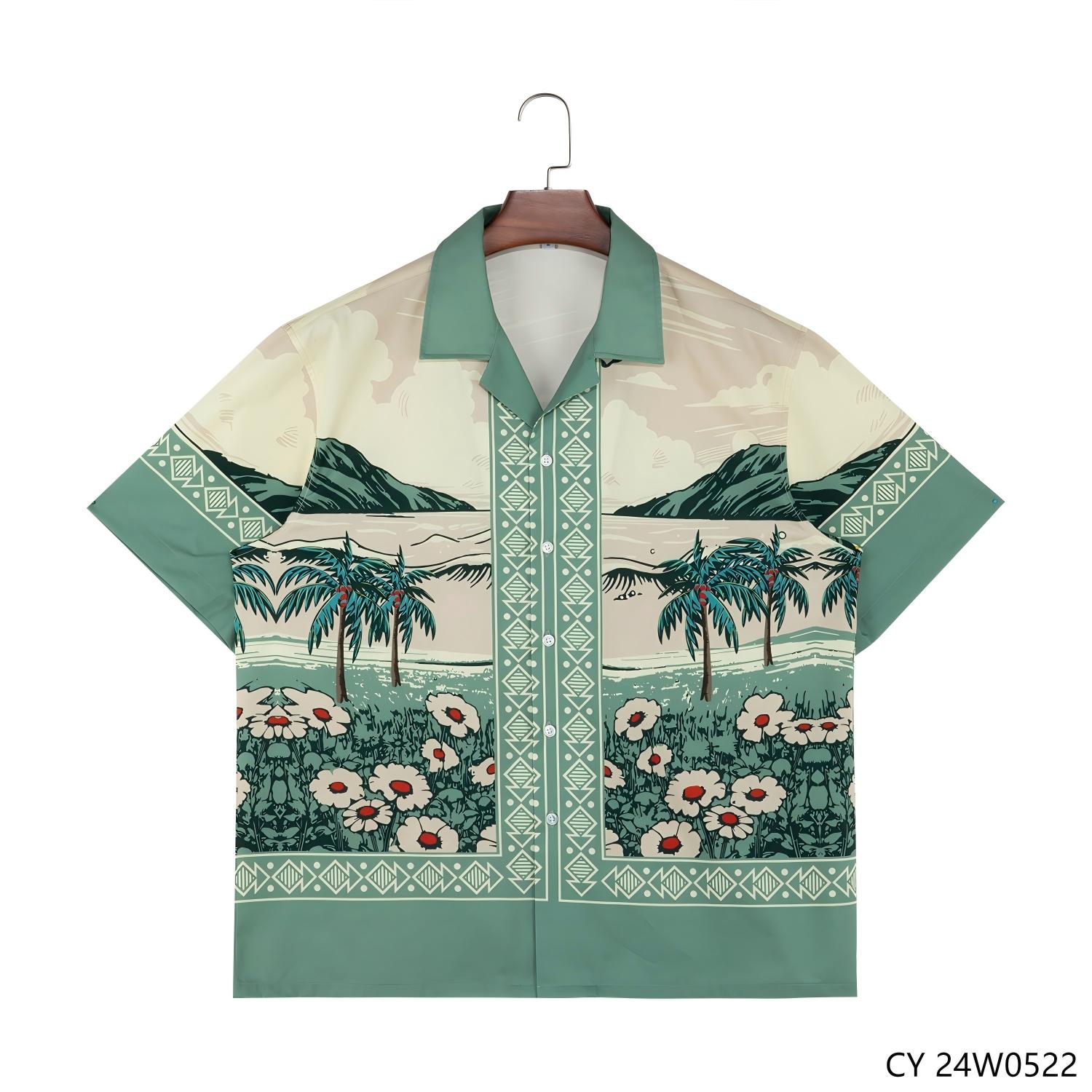 Men's 100% Cotton Printed Short Sleeve Button Down Shirts With Cuban Collar