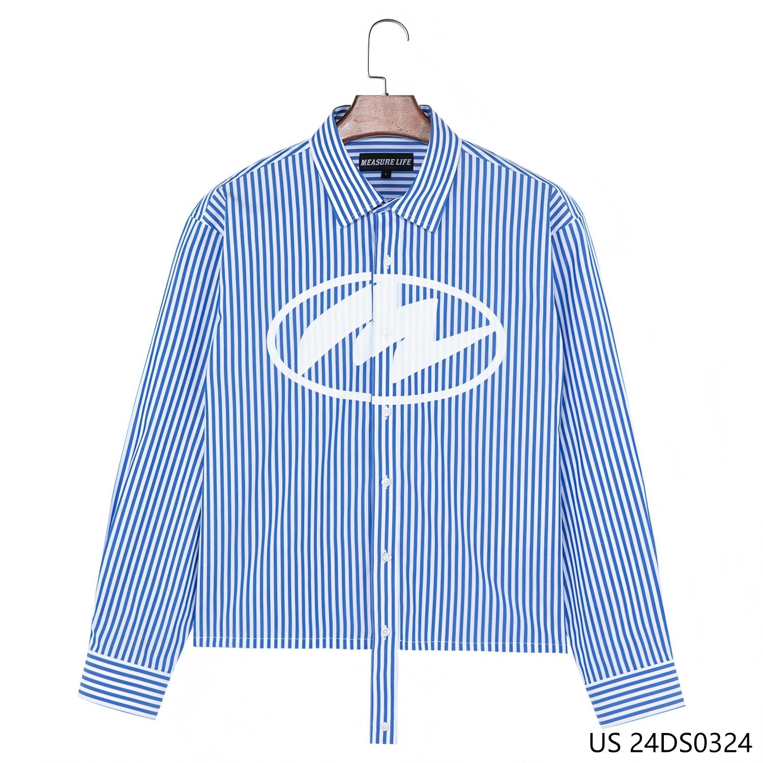 Men's 100% Cotton Blue And White Stripes Button Down Long Sleeve Shirts With A Printing On The Front And Long Placket 