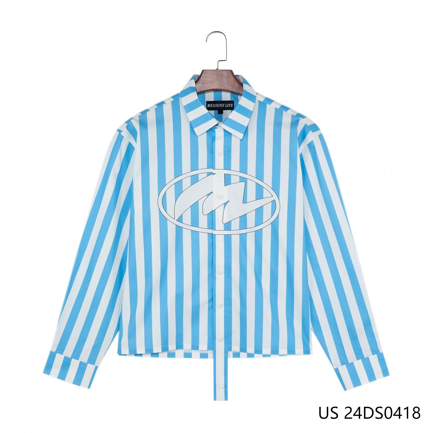 Men's 100% Cotton Blue And White  Wide Stripes  Full  Sleeve Button Down Shirts With A  Printing On The Front And Long Placket