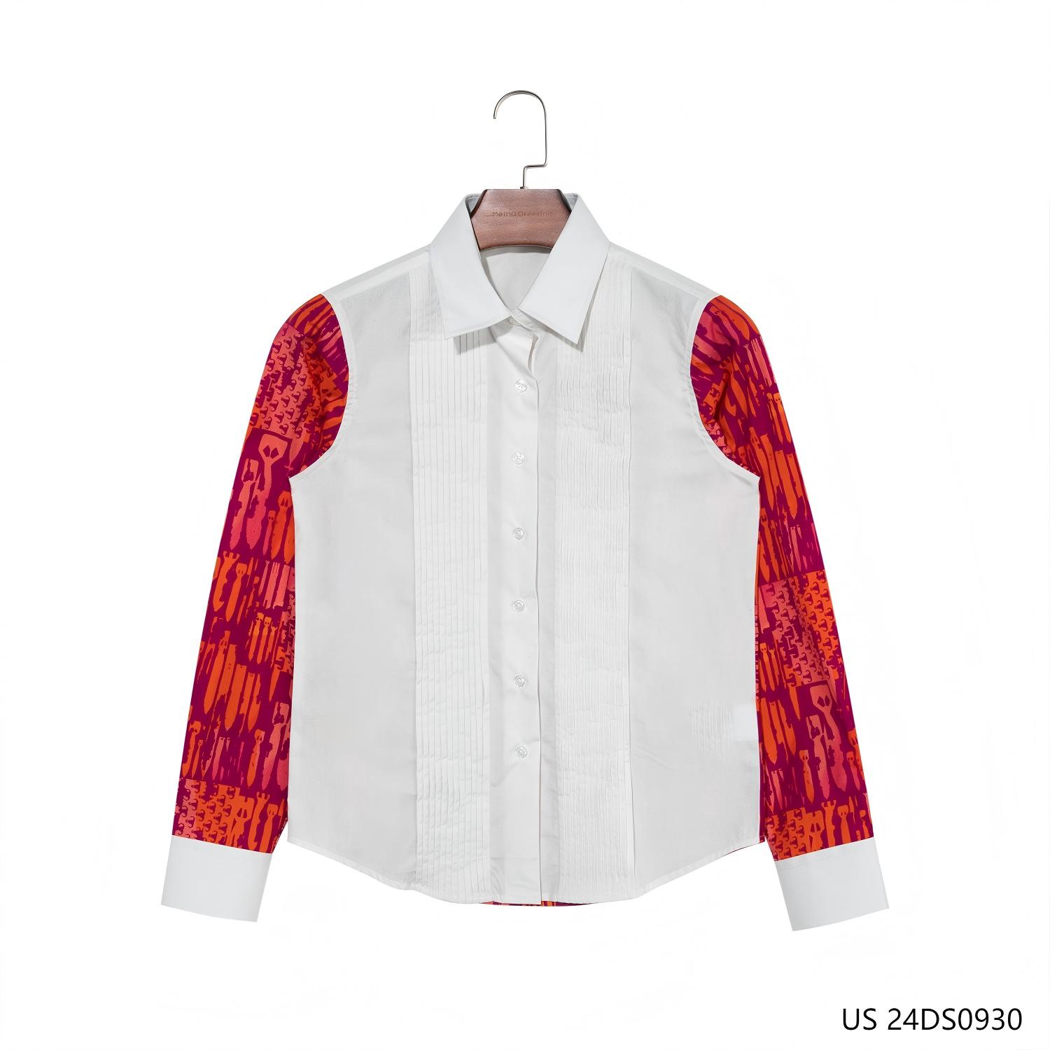 Women's  100% Cotton  Pleated Contrast Color Patchwork Button Down Long Sleeve Shirts With Cuff