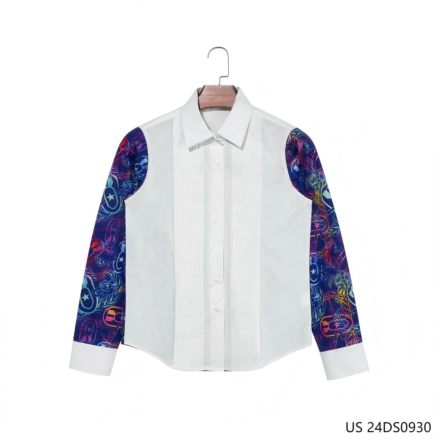 Women's 100% Cotton Pleated Contrast Color Patchwork Button Down Long Sleeve Shirts With Cuff