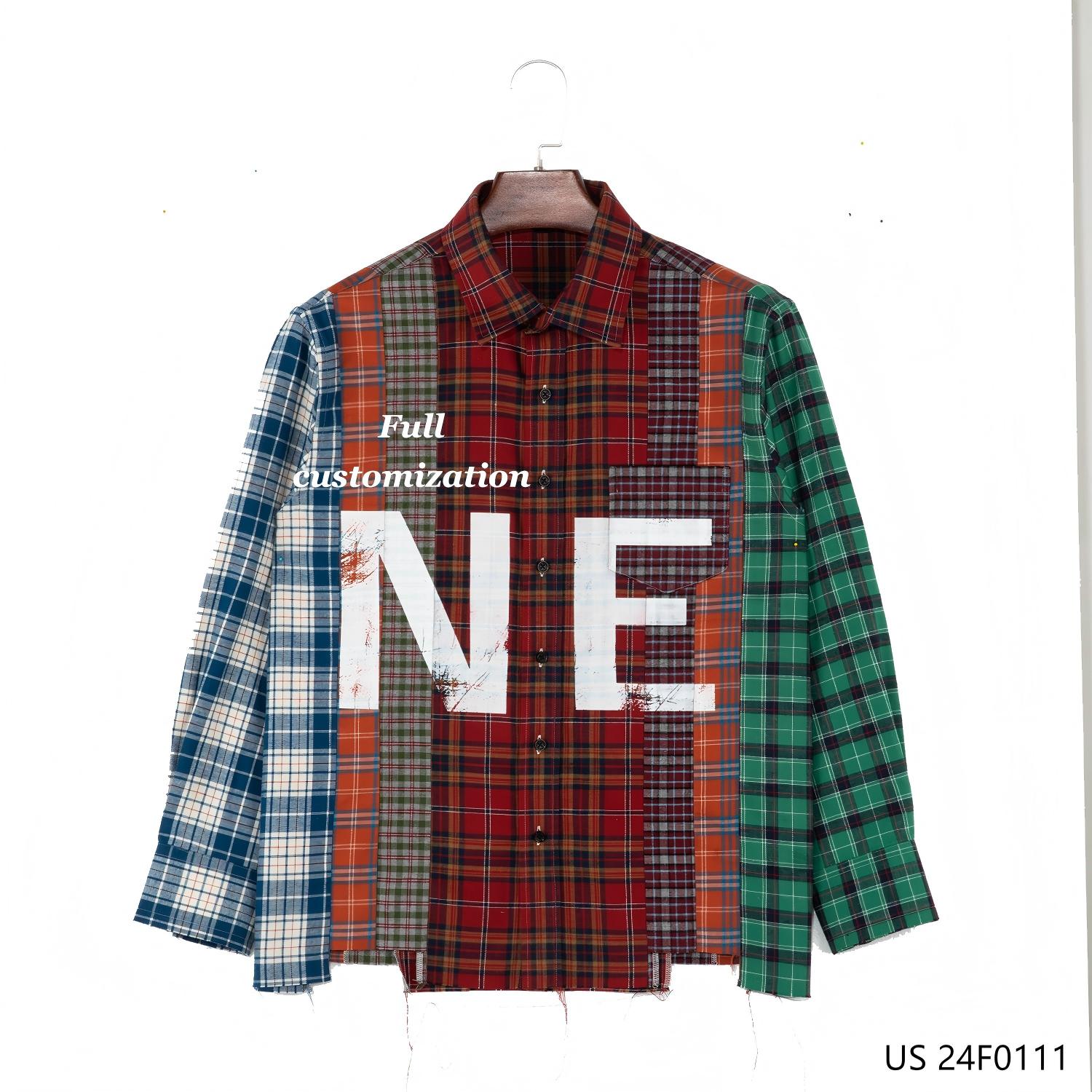 Men's  100% Cotton Customized  Multicoloured Patchwork Chain Embroidery Cotton Mixed Flannel Long Sleeve Designer Shirts 