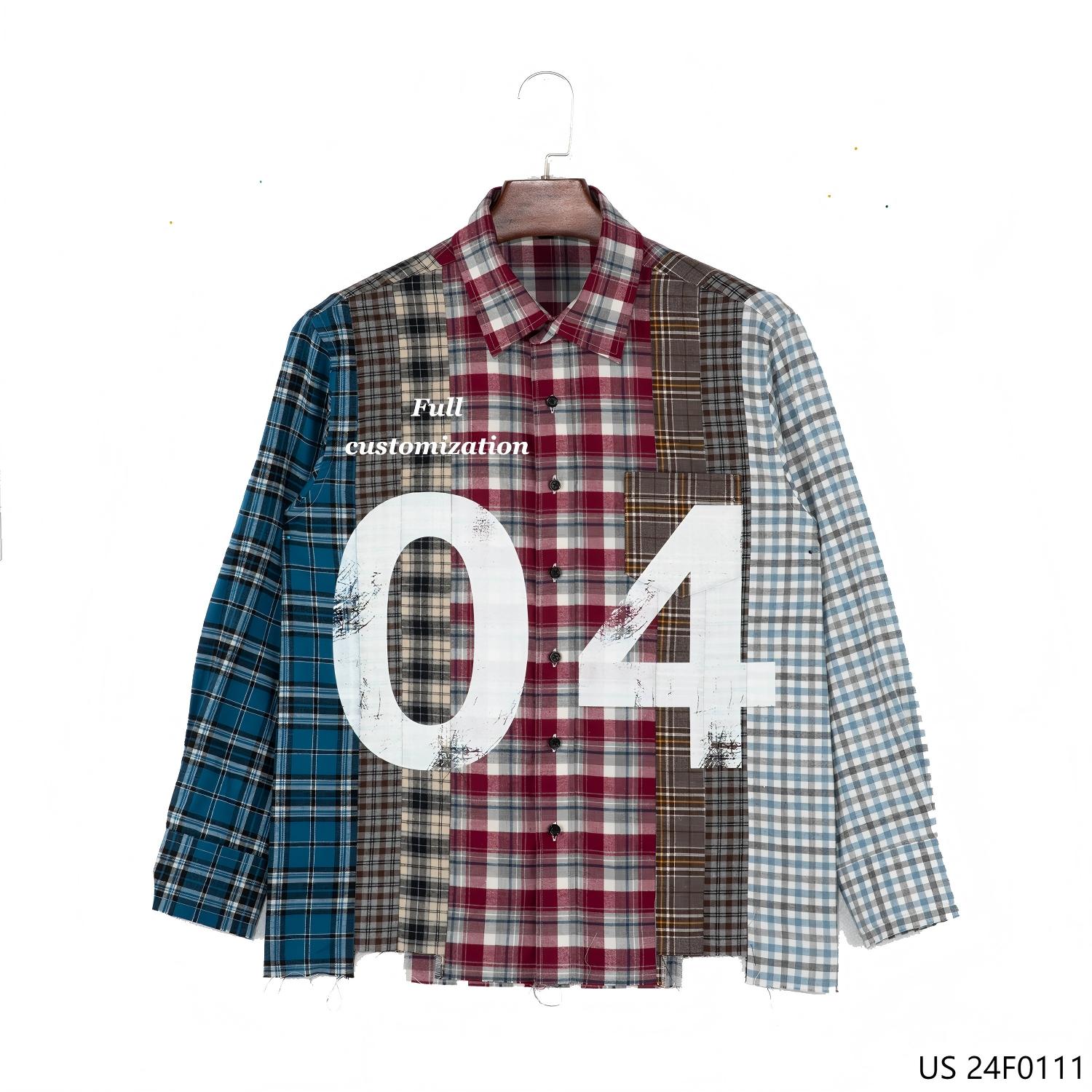Men's 100% Cotton Customized Multicoloured Patchwork Chain Embroidery Cotton Mixed Flannel Long Sleeve Designer Shirts