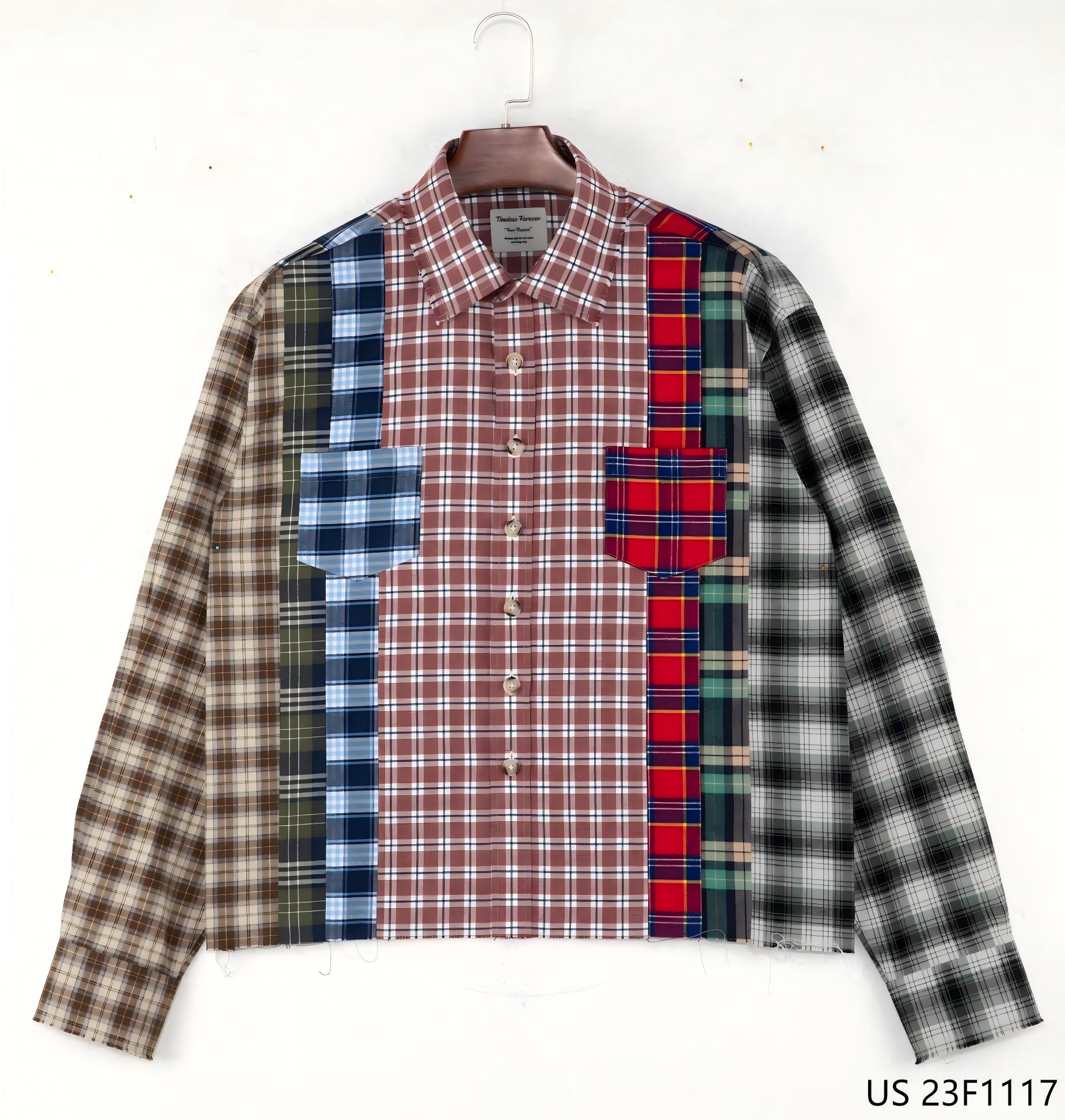 Men's OEM Manufacturer High Quality Long Sleeve Square Collar Patch Pocket Multicolor Patchwork Cotton Plaid Shirt