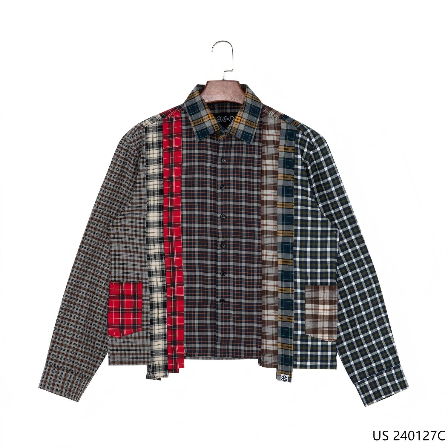 Men's 100% Cotton Customized OEM Multicoloured Patchwork Chain Embroidery Cotton Mixed Flannel Long Sleeve Designer Shirts