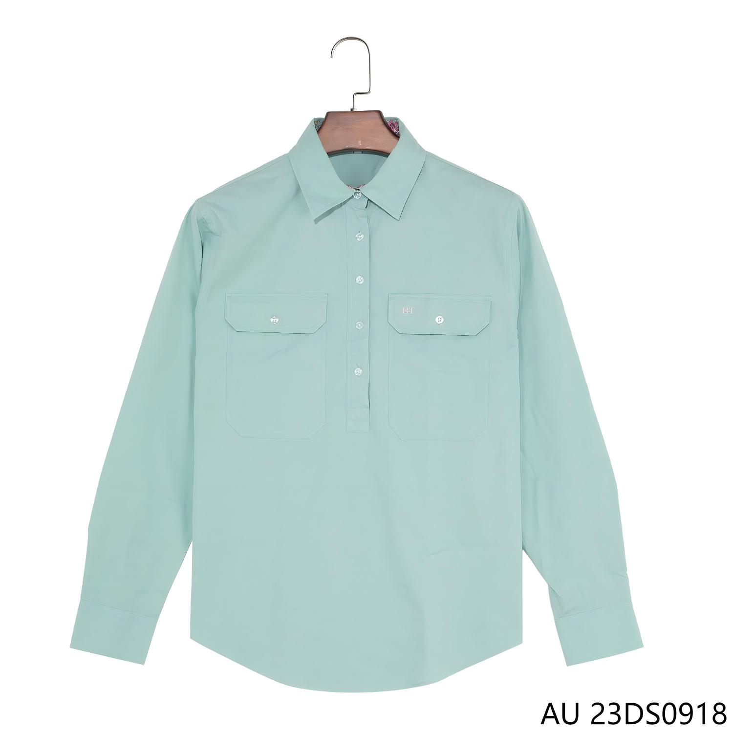 Women's 100% Cotton Mint Green Half-cut Placket Pullover Long Sleeve Shirts