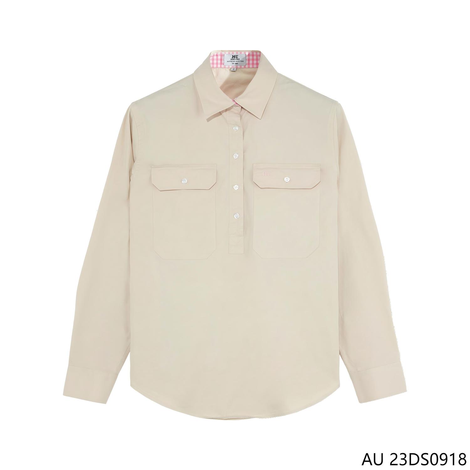 Women's 100% Cotton Milk Tea Color Half-cut Placket Pullover Long Sleeve Shirts