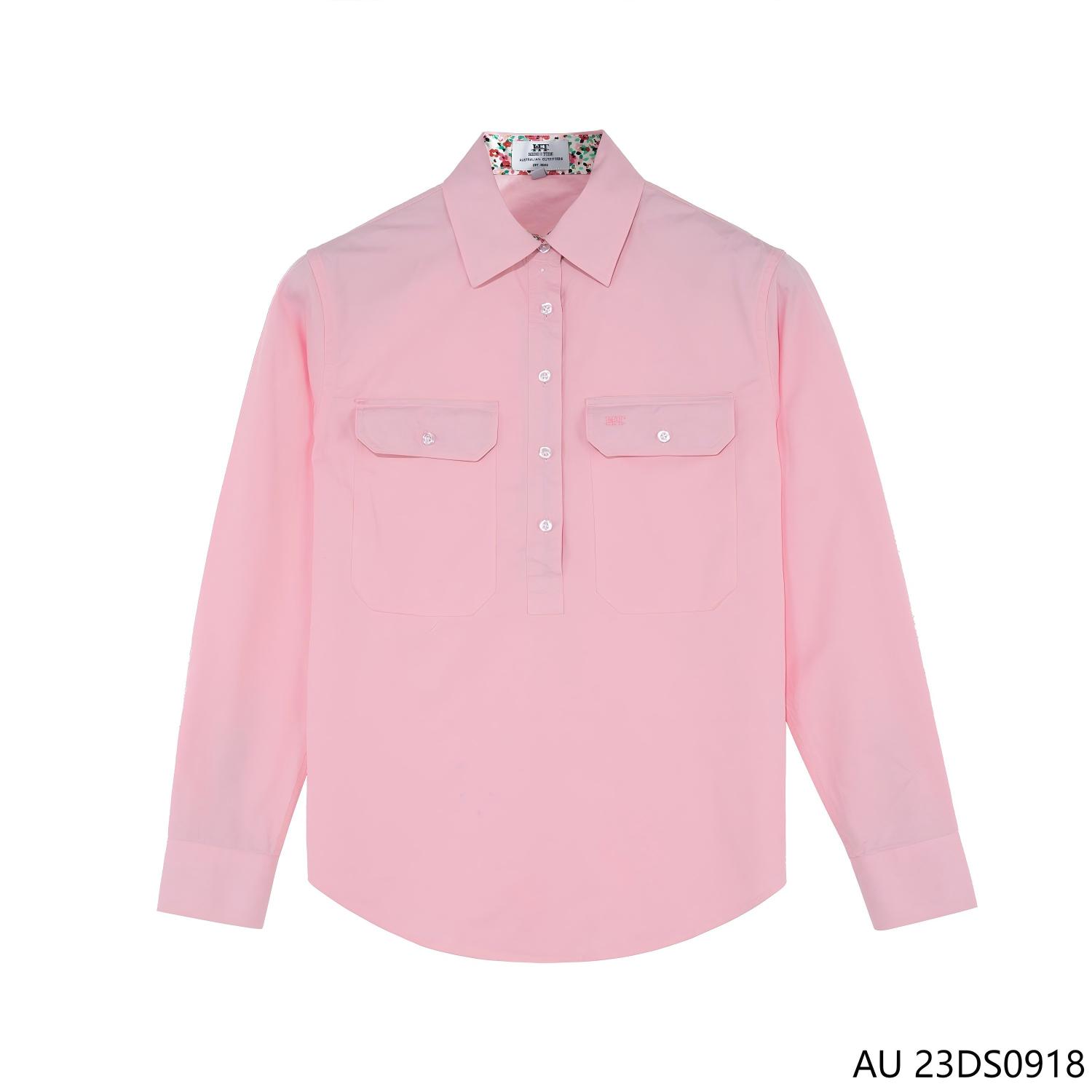 Women's 100% Cotton Light Pink Half-cut Placket Pullover  Long Sleeve Shirts