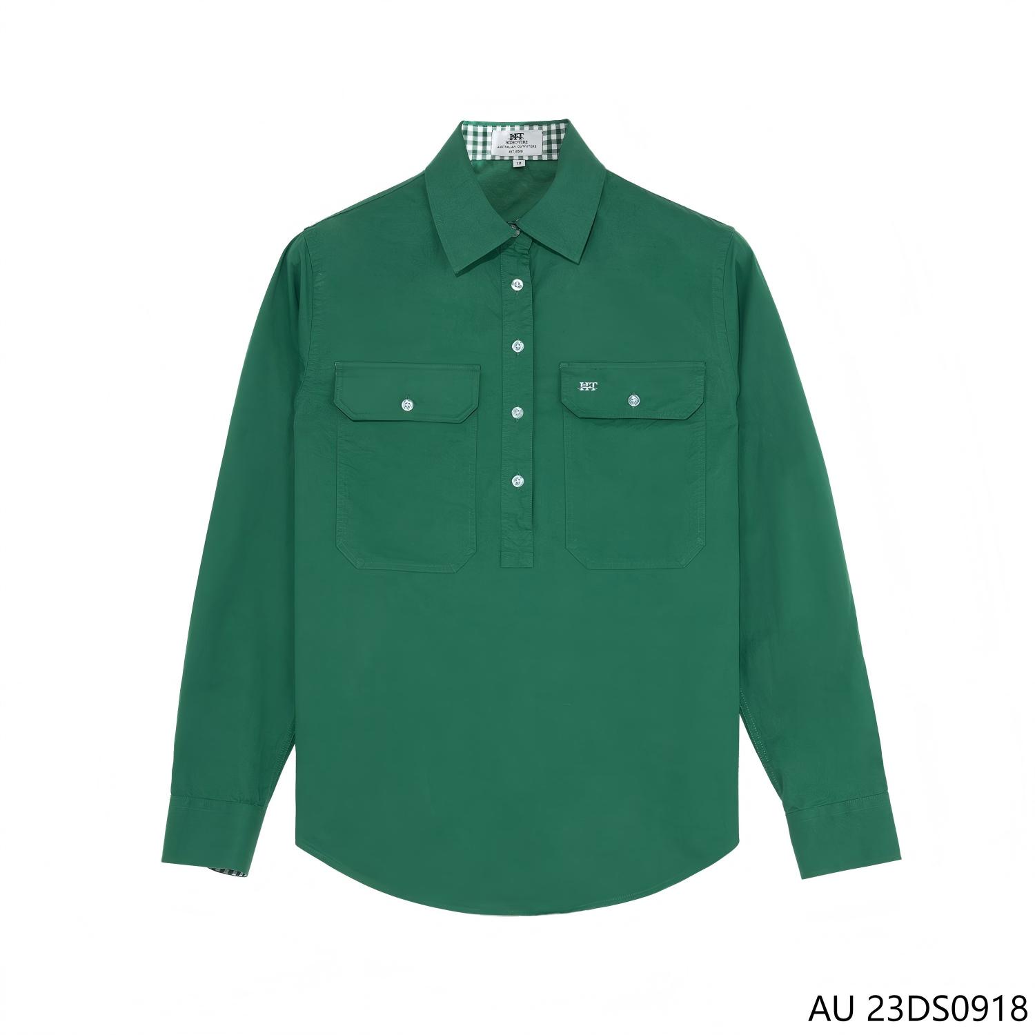 Women's 100% Cotton Deep Green And Plaid Contrast Half-cut Placket Pullover Long Sleeve Shirts