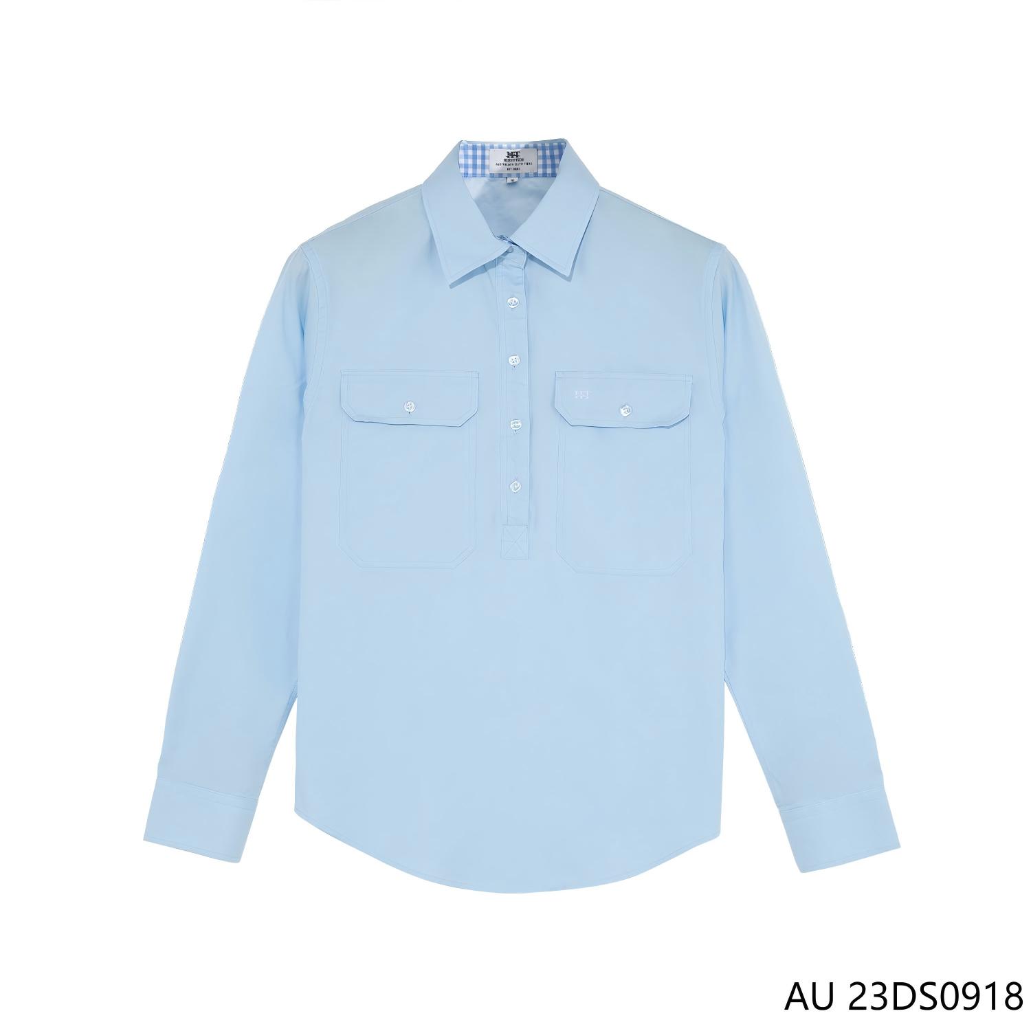 Women's 100% Cotton Aqua Blue And Plaid Contrast Half-cut Placket Pullover Long Sleeve Shirts