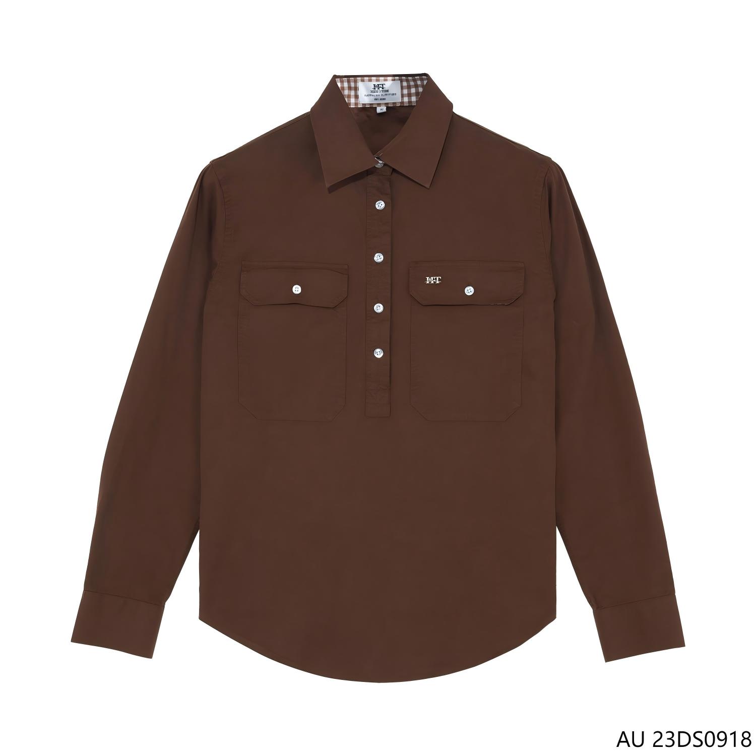 Women's 100% Cotton Brown Plain Half-cut Placket Pullover Long Sleeve Shirts