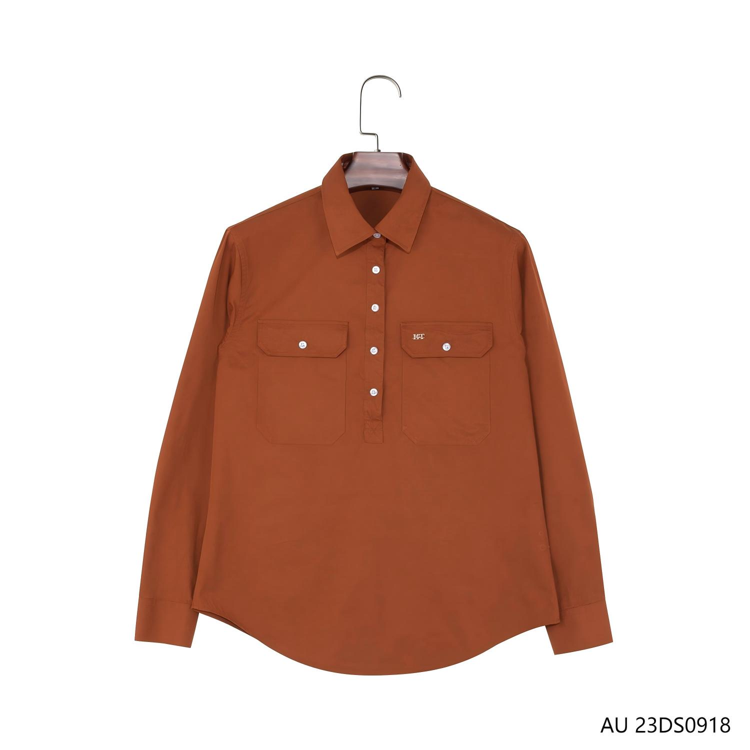 Women's 100% Cotton Orange Plain Half-cut Placket Pullover Long Sleeve Shirts