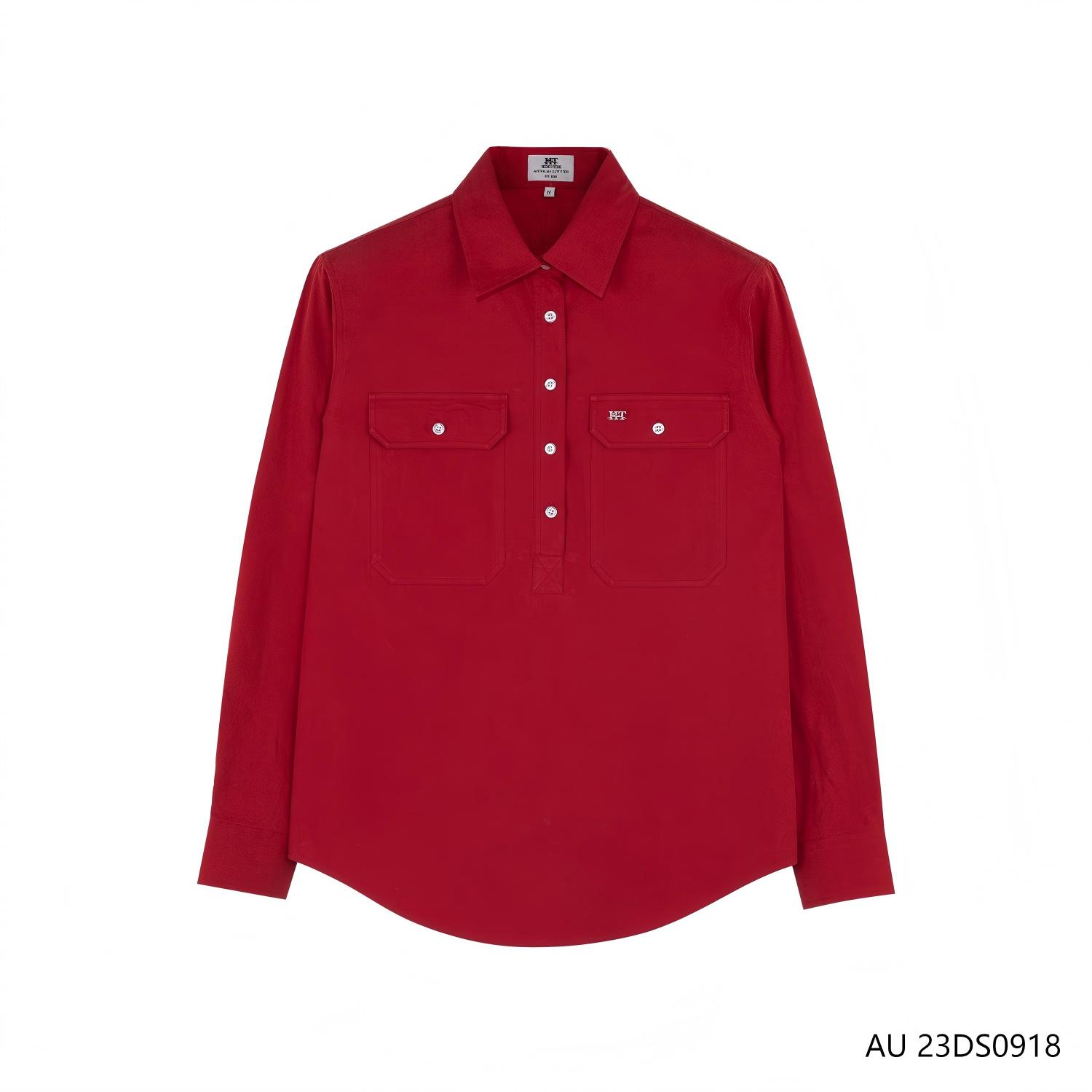 Women's 100% Cotton Red Half-cut Placket Pullover Long Sleeve Shirts