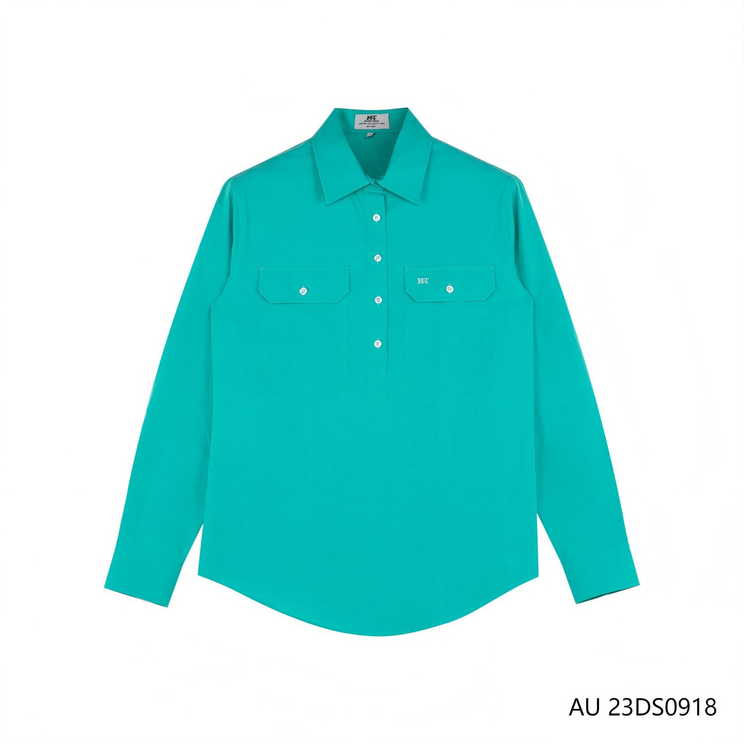 Women's 100% Cotton Green Half-cut Placket Pullover Long Sleeve Shirts