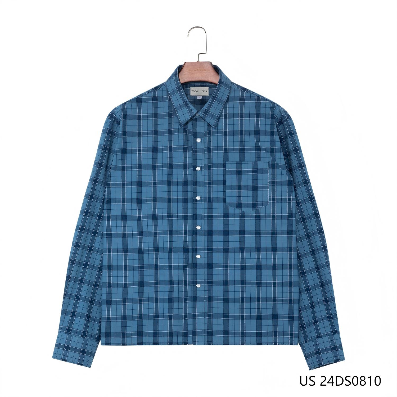 100% Cotton Blue Plaid Button Down Long Sleeve Shirts For Men