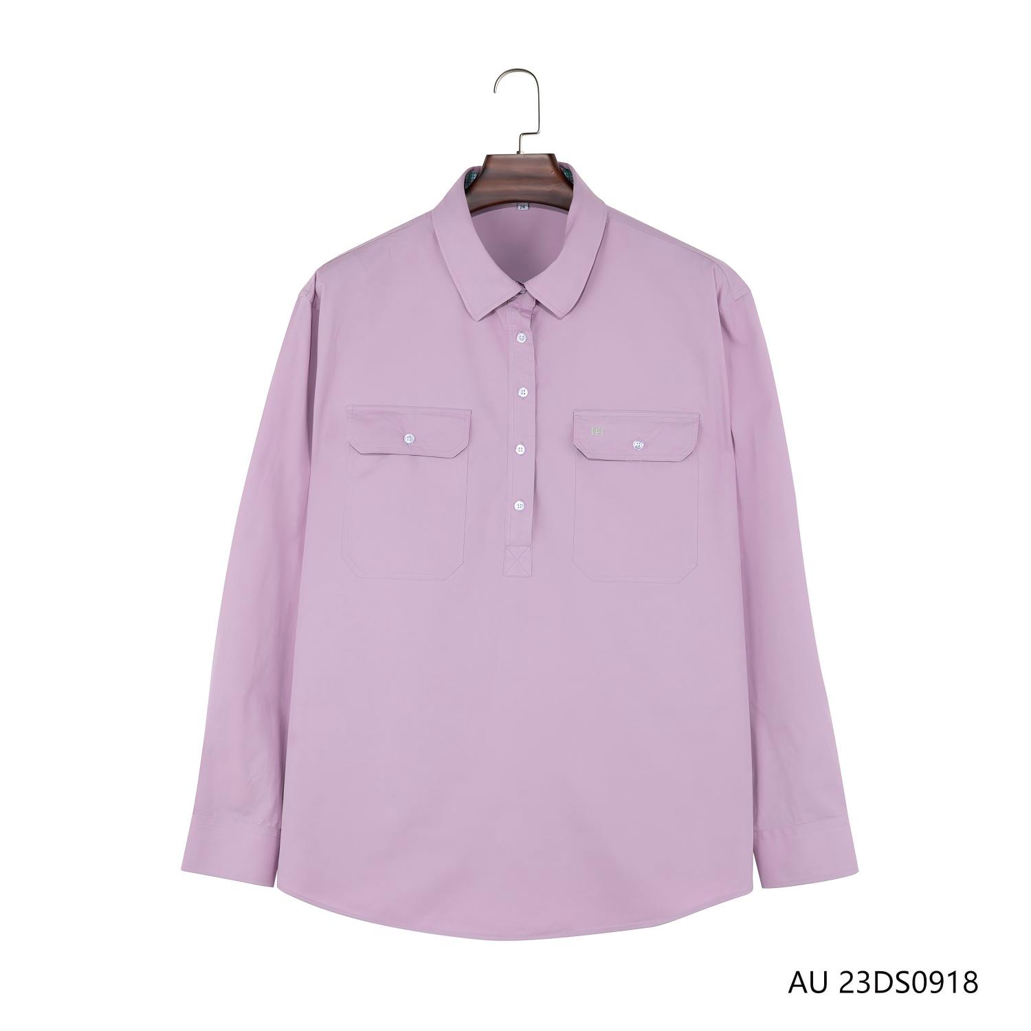 Women's 100% Cotton Light Purple Plain Half-cut Placket Pullover Long Sleeve Shirts