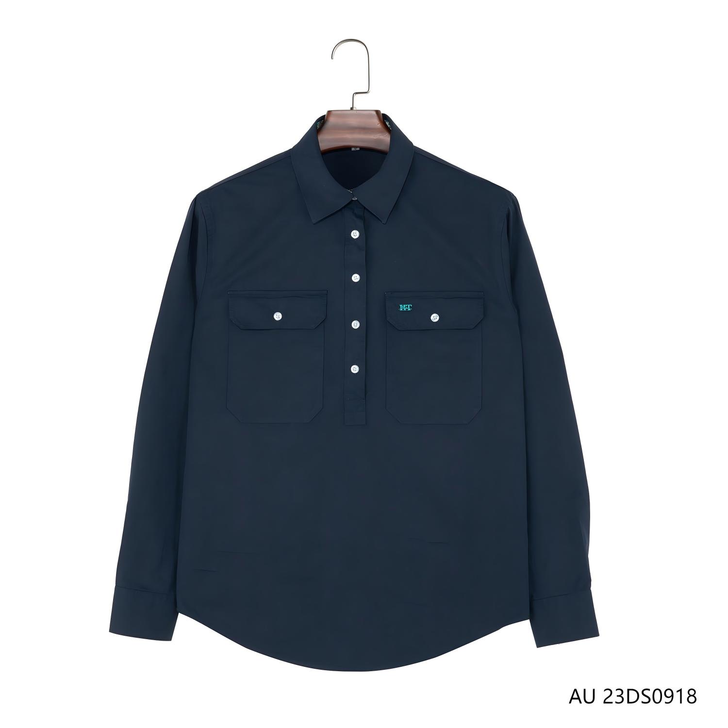 Women's 100% Cotton Dark Blue Plain Half-cut Placket Pullover Long Sleeve Shirts