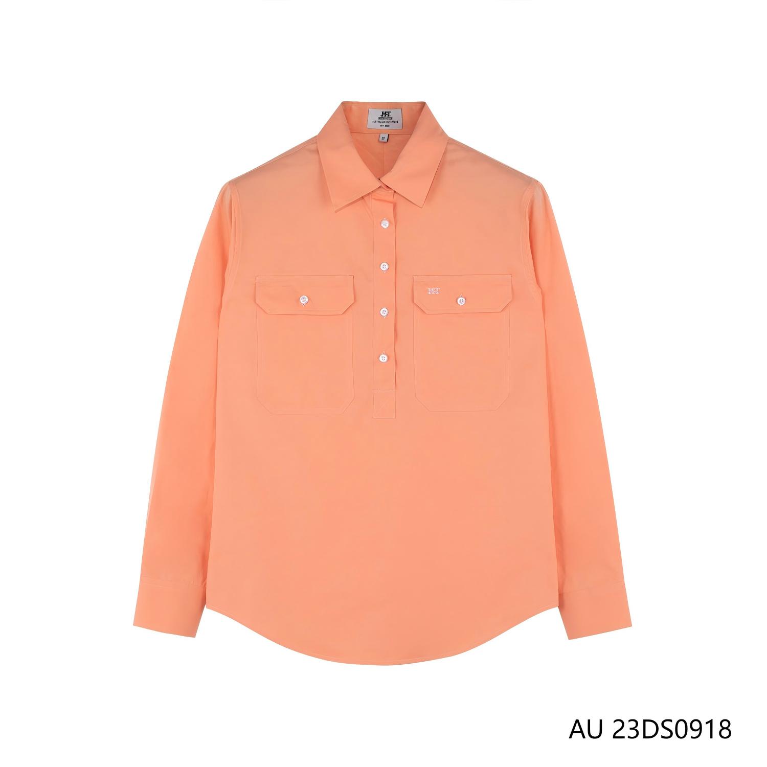 Women's 100% Cotton Light Orange Half-cut Placket Pullover Long Sleeve Shirts