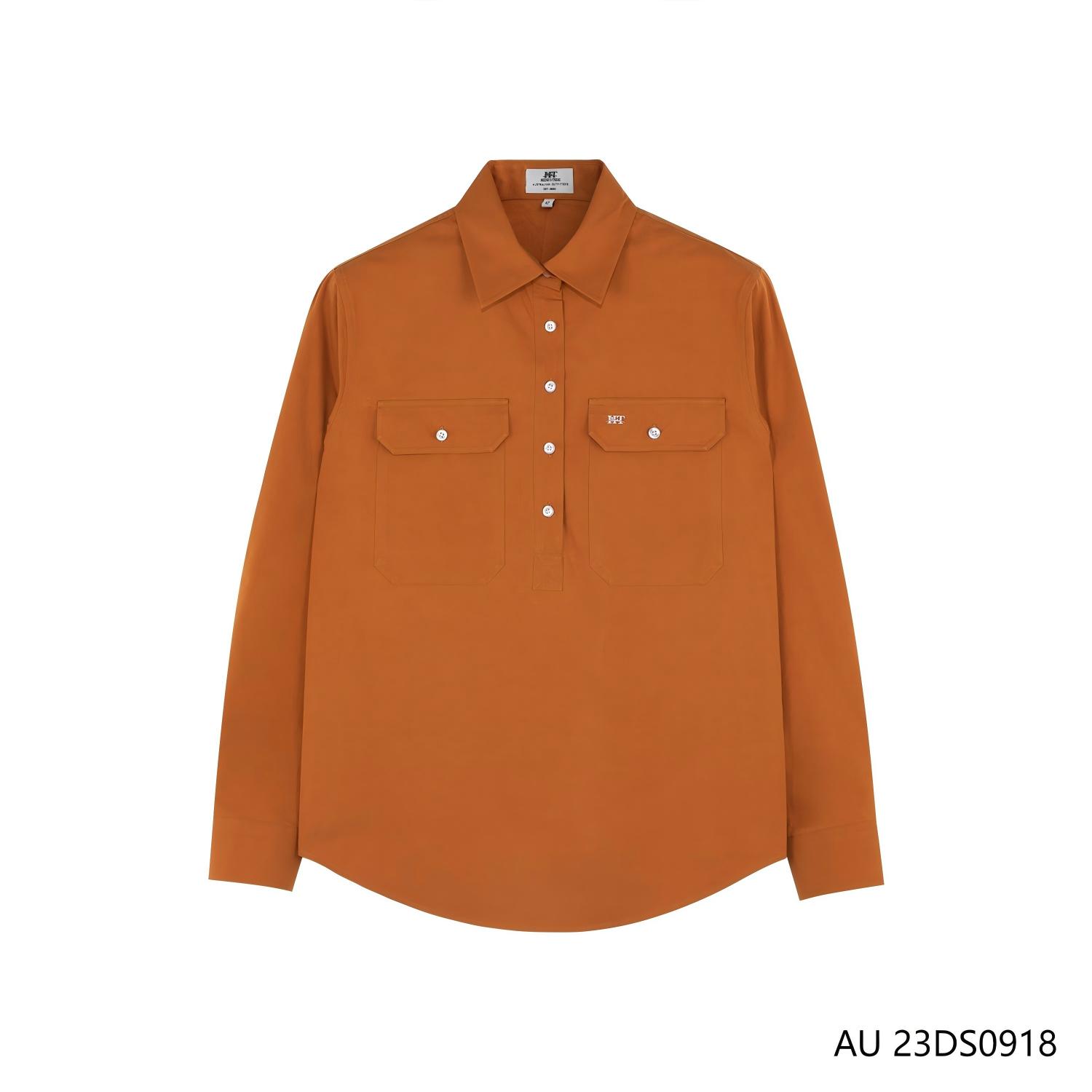 Women's 100% Cotton  Orange Half-cut Placket Pullover Long Sleeve Shirts