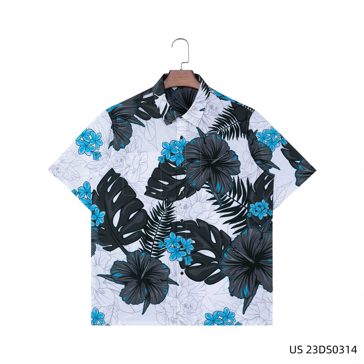 Men's High-end Customized Series Of Blue And Black Printing  Against The White Background Short Sleeve Button Down Shirts