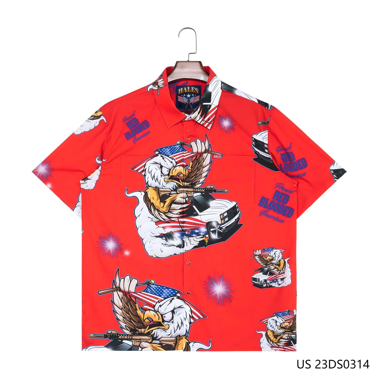 Men's 97% Polyester 3% Spandex Eagle Printing Against The Red Background Short Sleeve Button Down Shirts