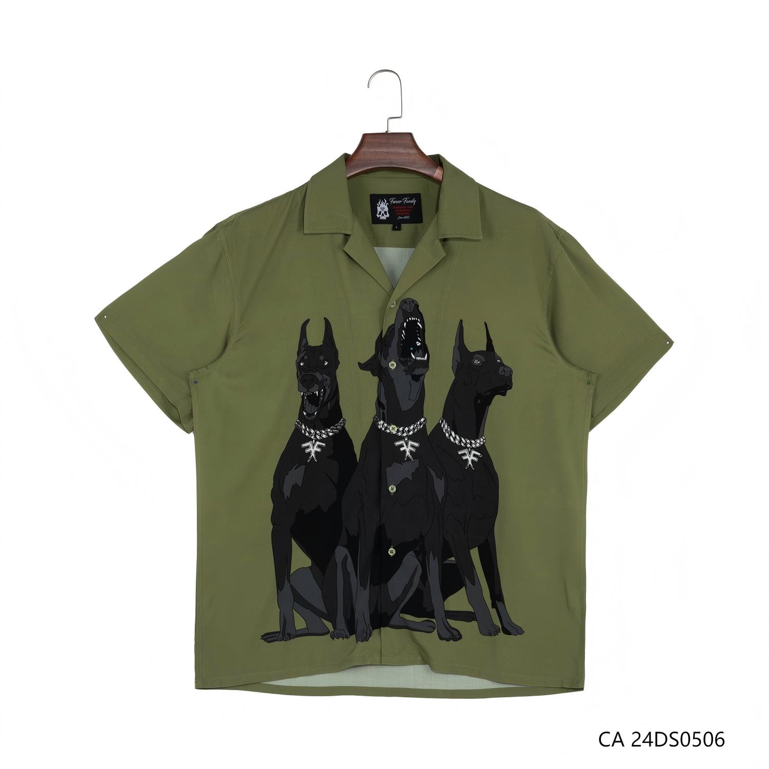 Men's 100% Viscose  Doubled Sides Printing Dark Green Short Sleeve Button Down Shirts With Three Dogs