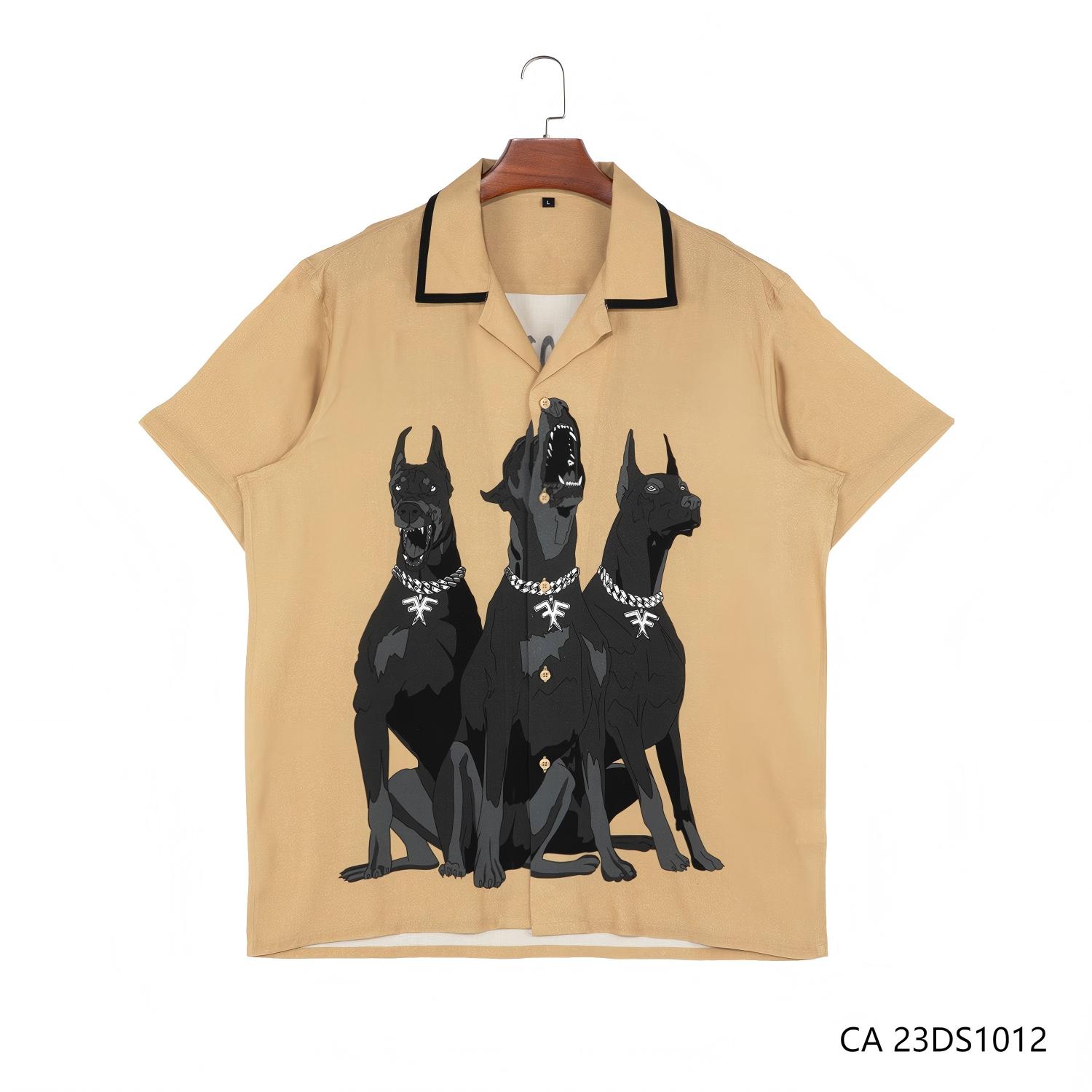 Men's 100% Viscose Doubled Sides Printing Khaki Short Sleeve Button Down Shirts With Three Dogs