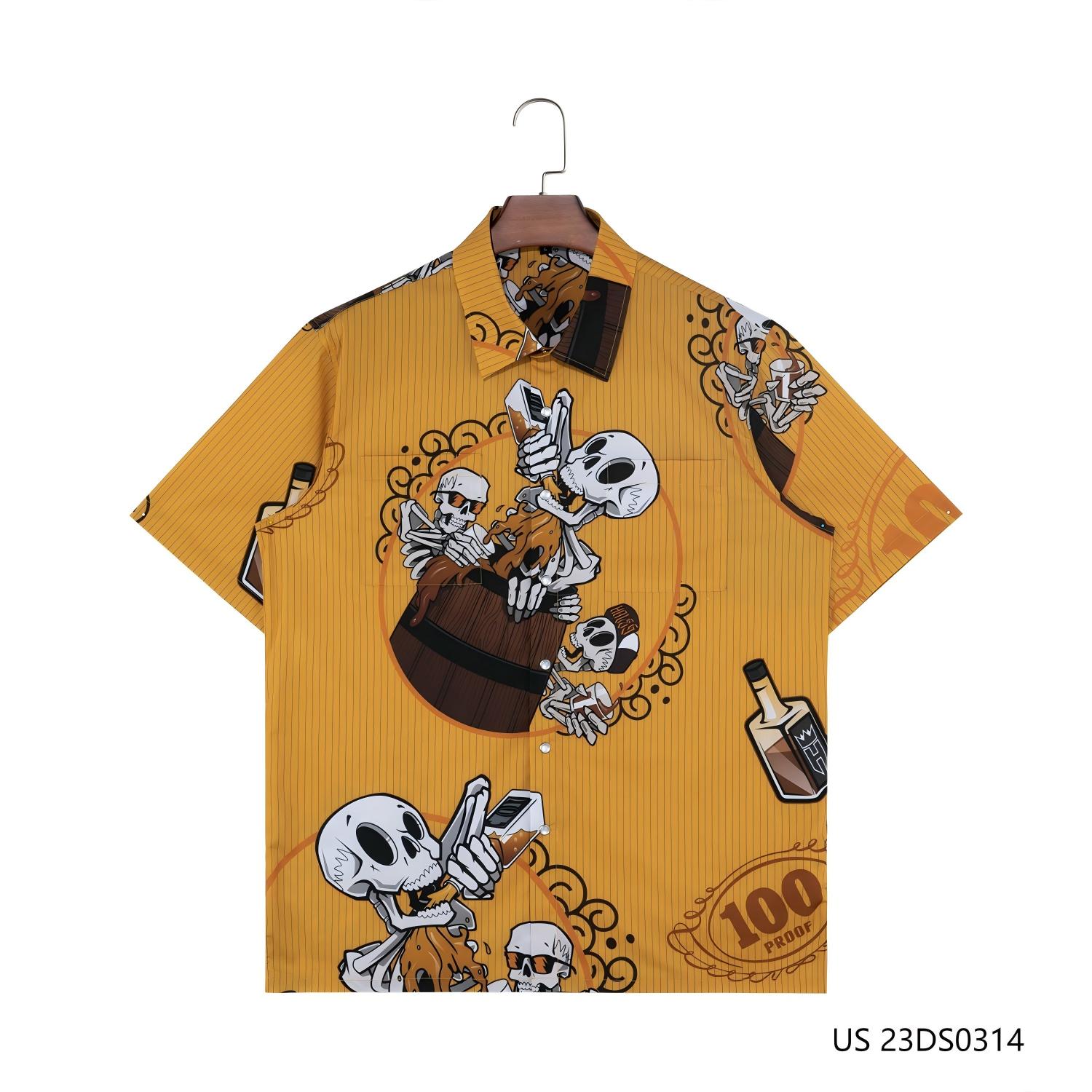 Men's 97% Polyester 3% Spandex Zombie Printing And  Stripes Against The Yellow Background Short Sleeve Button Down Shirts