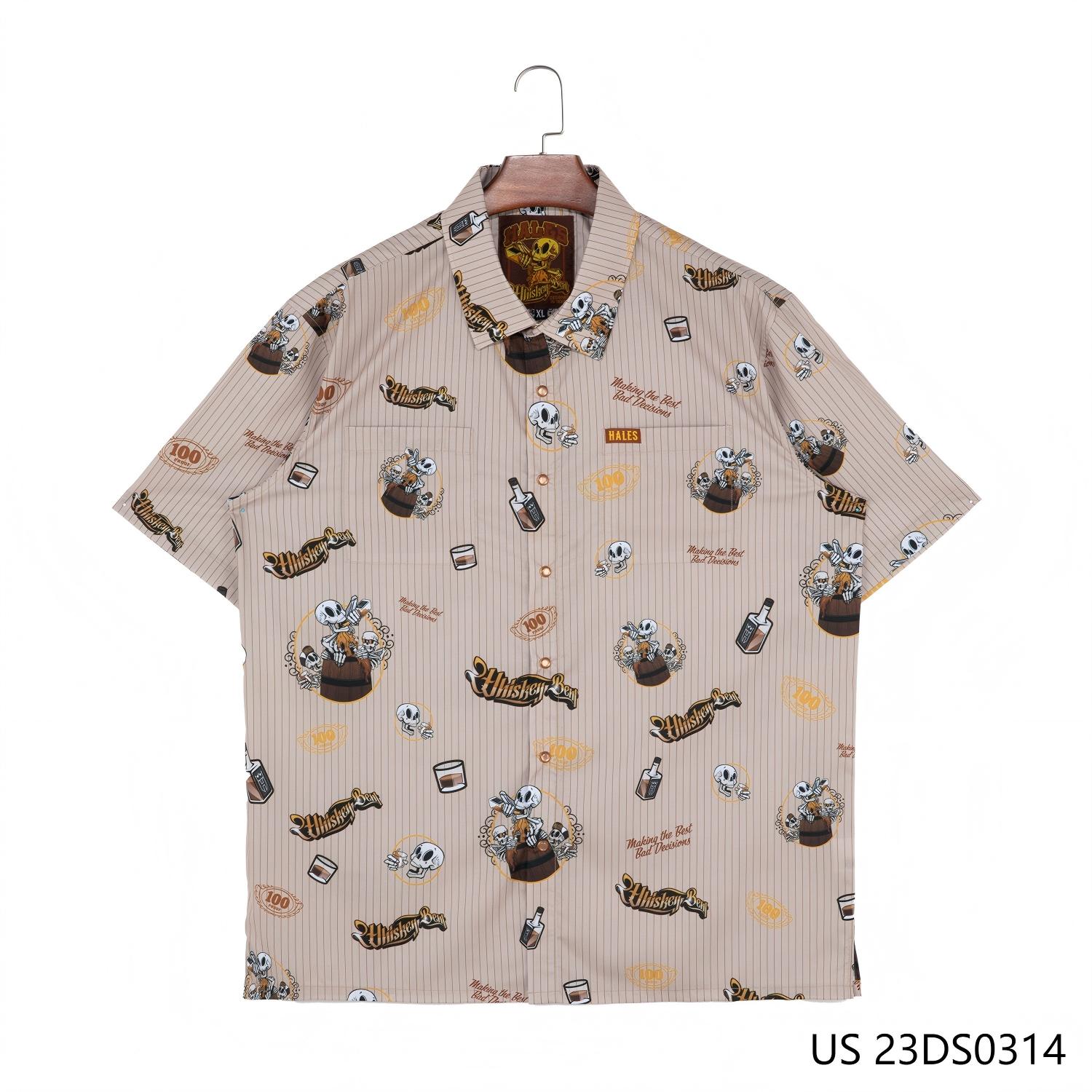 Men's 97% Polyester 3% Spandex Zombie Printing And Stripes Against The Khaki  Background Short Sleeve Button Down Shirts