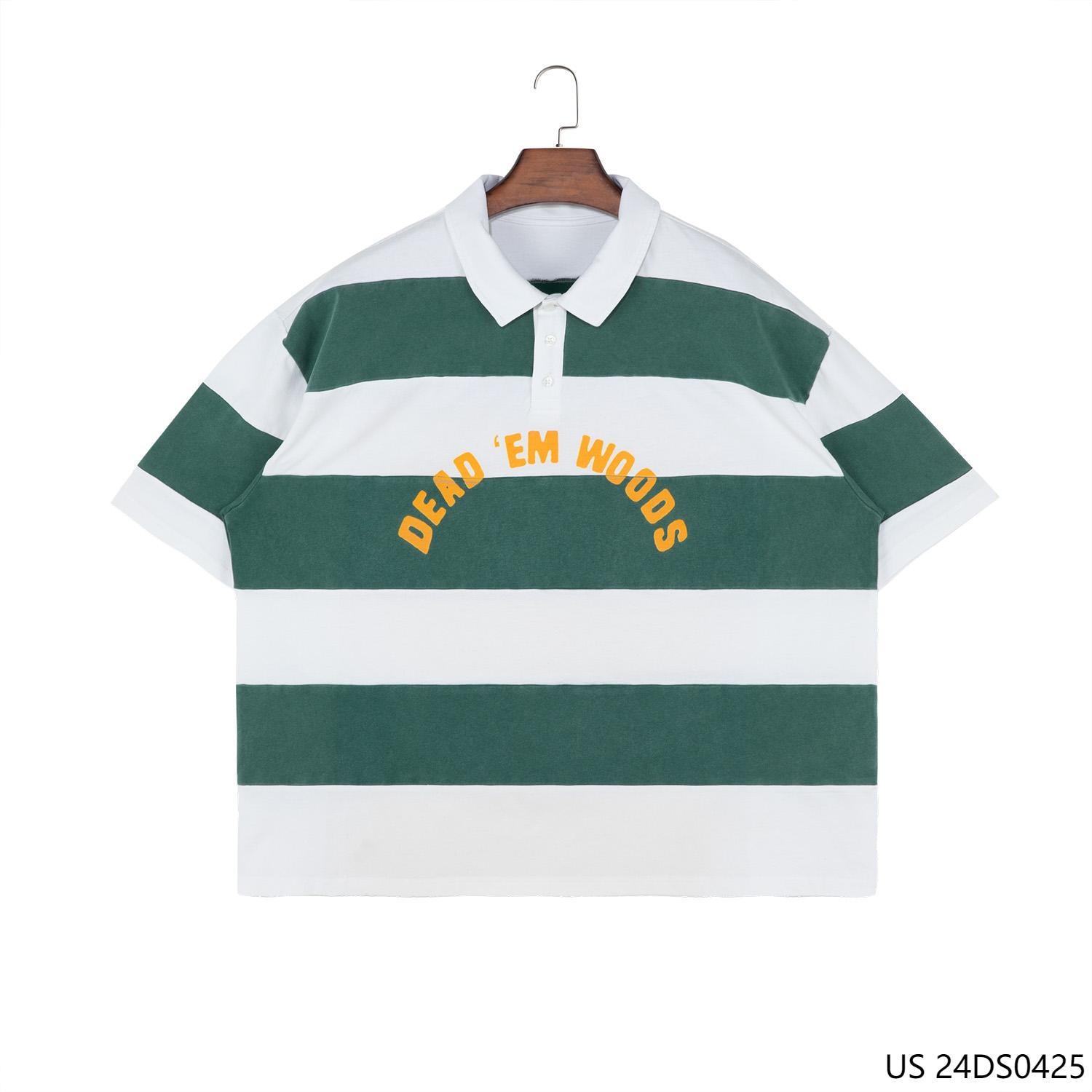 Men's 100% Cotton Printing And Embroidered Wide Green Stripes Short Sleeve  Half-cut Placket Pullover Shirts