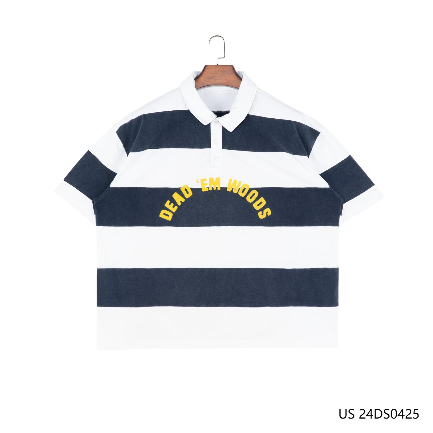 Men's 100% Cotton Printing And Embroidered Wide Dark Blue And White Stripes Short Sleeve  Half-cut Placket Pullover Shirts