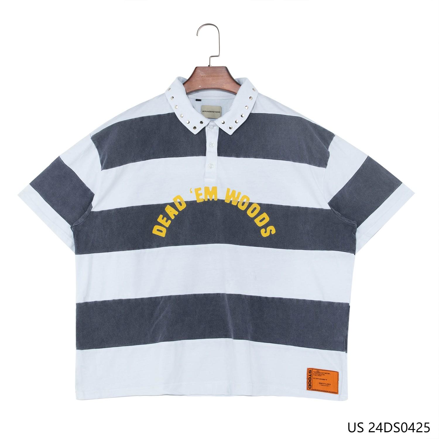 Men's 100% Cotton Printing  And Embroidered Wide Blue Stripes Short Sleeve  Half-cut Placket Pullover Shirts With The Sliver Decorations Around The Neck