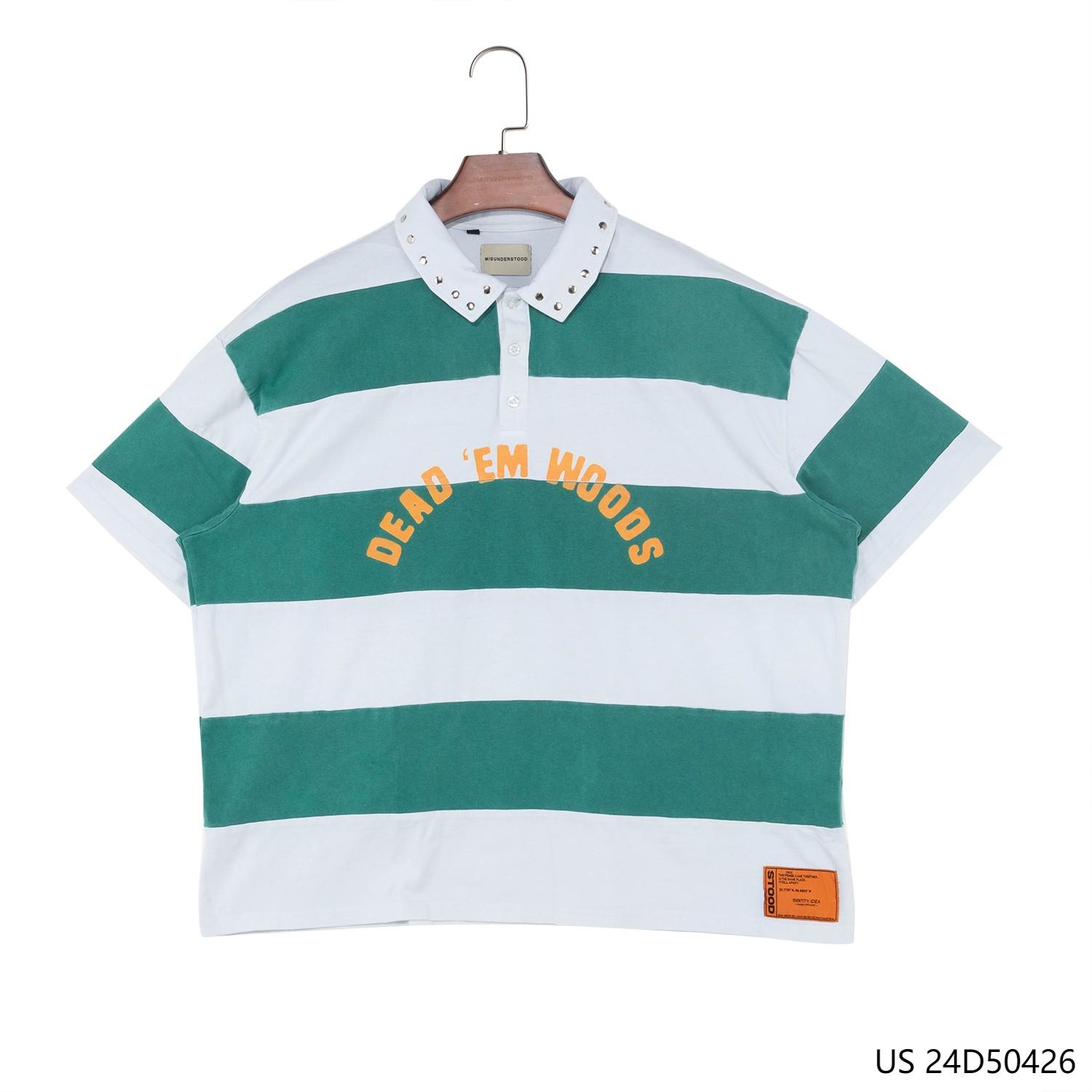 Men's 100% Cotton Printing And Embroidered Wide Green Stripes Short Sleeve  Half-cut Placket Pullover Polo Shirts With The Sliver Decorations Around The Neck