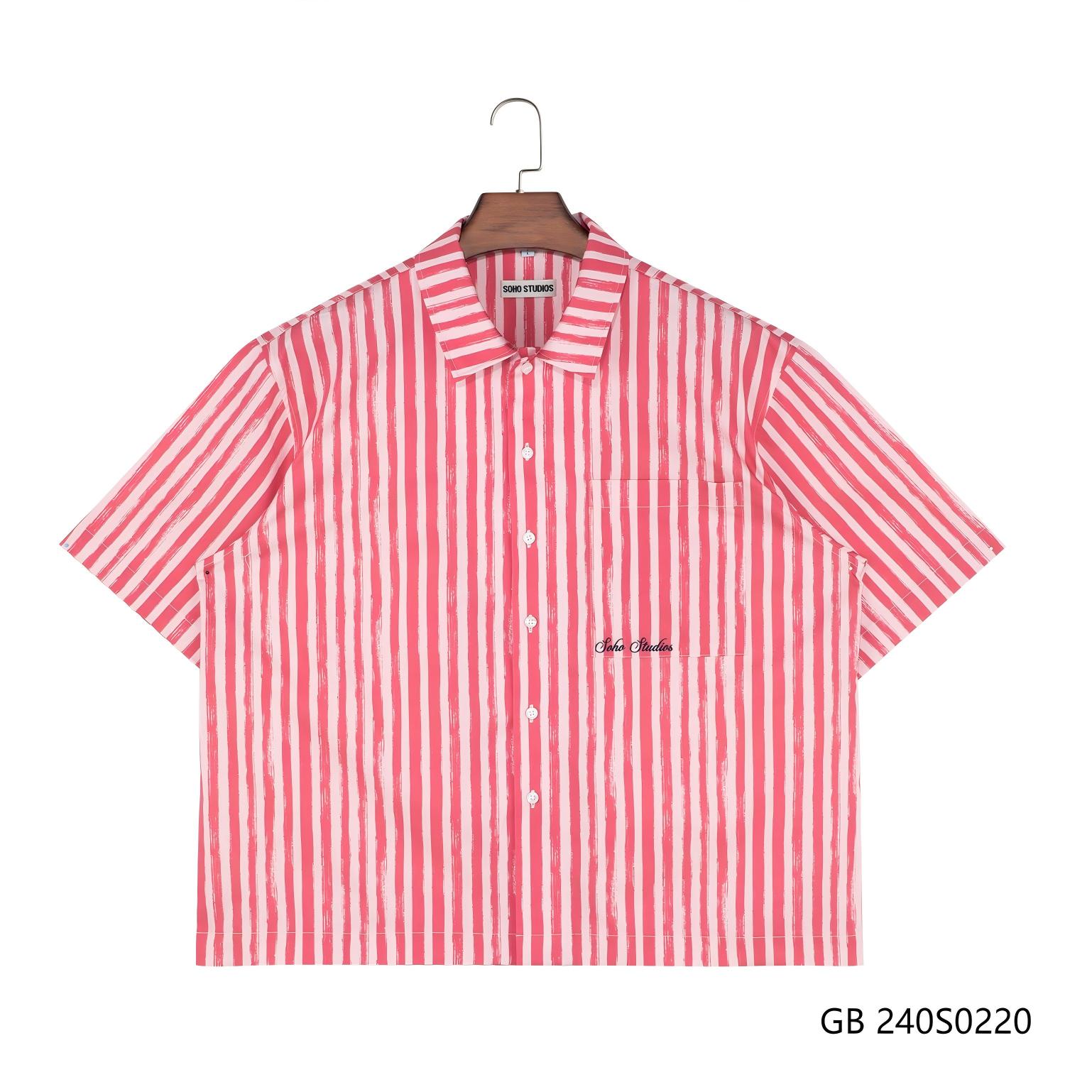 Men's 100% Cotton Red And White Stripes Embroidered Short Sleeve Button Down Shirts