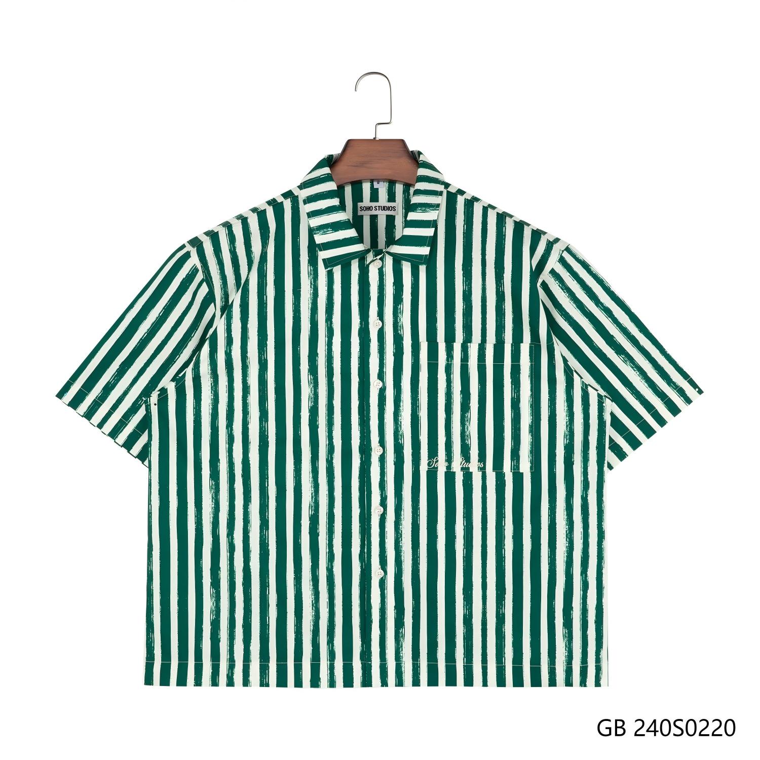 Men's 100% Cotton  Green And White Stripes Embroidered Short Sleeve Button Down Shirts