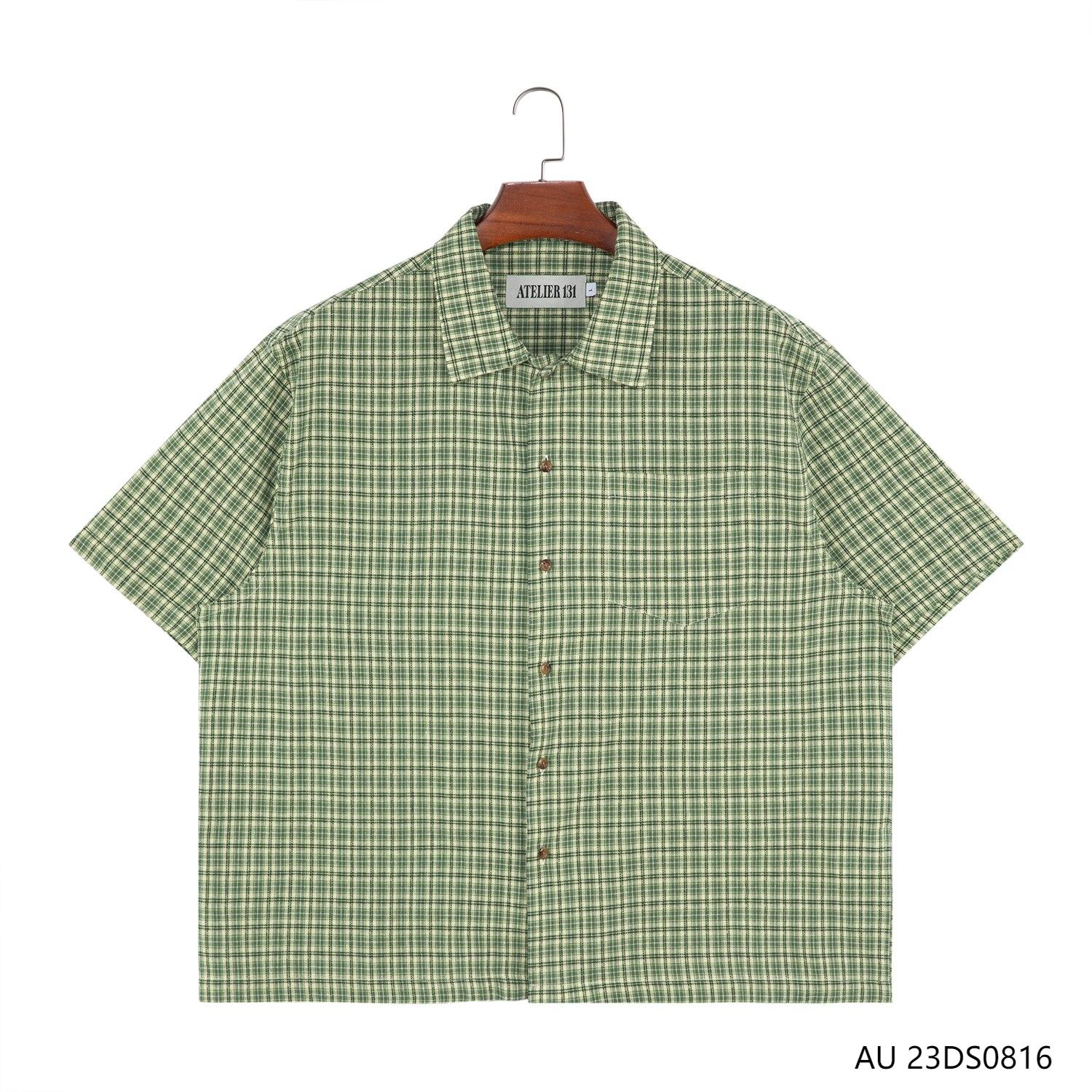 Men's 100% Cotton Green Plaid Short Sleeve Button Down Shirts