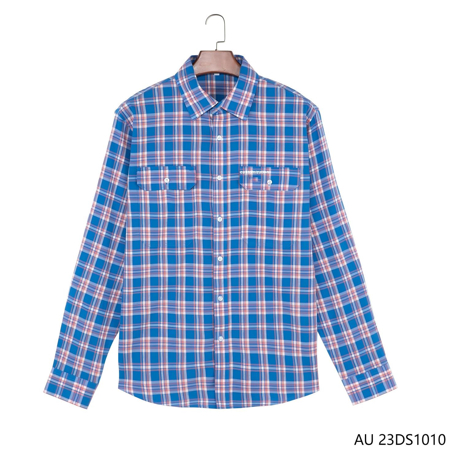Men's  100% Cotton  Blue And Pink Plaid Button Down Long Sleeve Shirts
