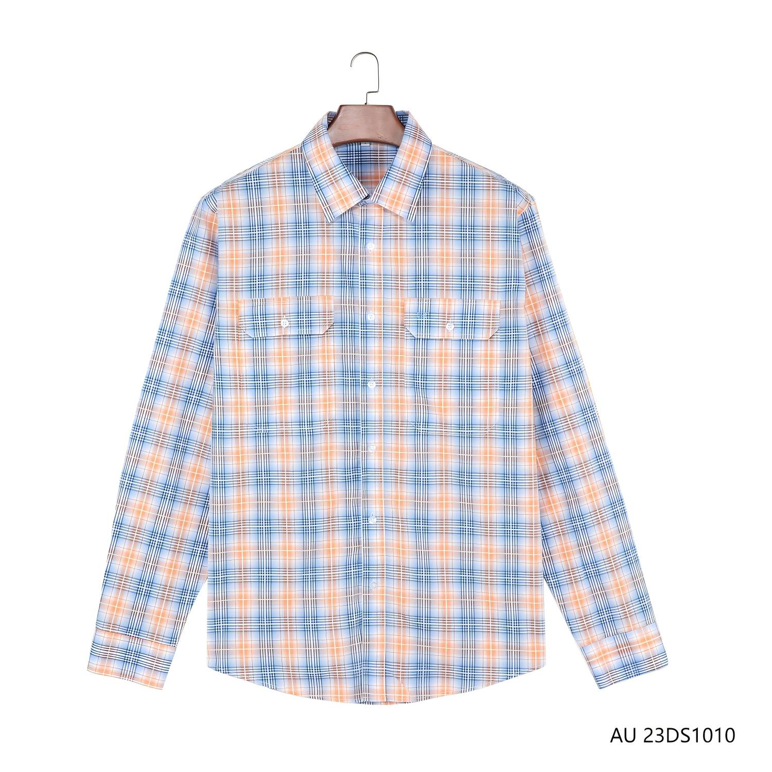 Men's 100% Cotton Orange And Blue Plaid  Button Down Long Sleeve Shirts