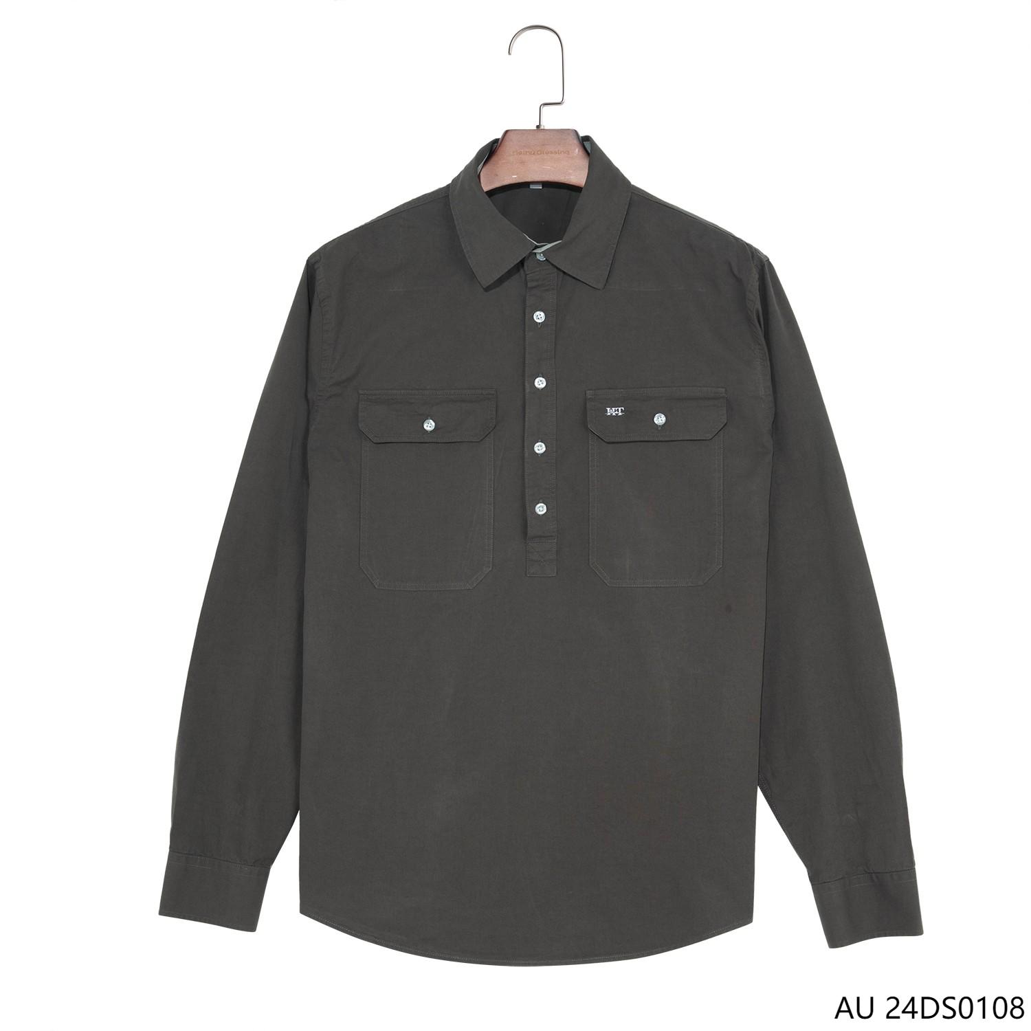 Men's 100% Cotton Gray And Brown Contrast Colors Half-cut Placket Pullover Long Sleeve Shirts