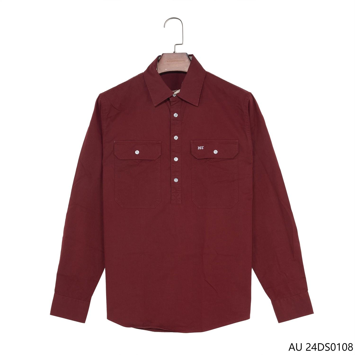Men's 100% Cotton Gray And Wine Red Contrast Colors Half-cut Placket Pullover  Long Sleeve Shirts